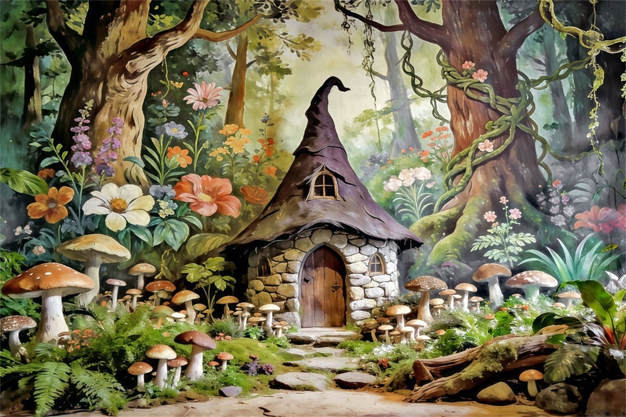 Toile de Fond Forêt de Conte de Fées Refuge Cottage Champignons Conte De Fées CSH61-210