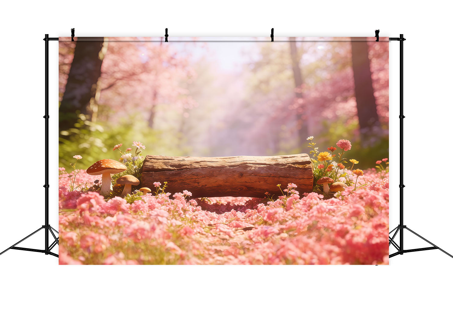 Toile de Fond Forêt Prairie Bûche Pétales Roses CSH61-224