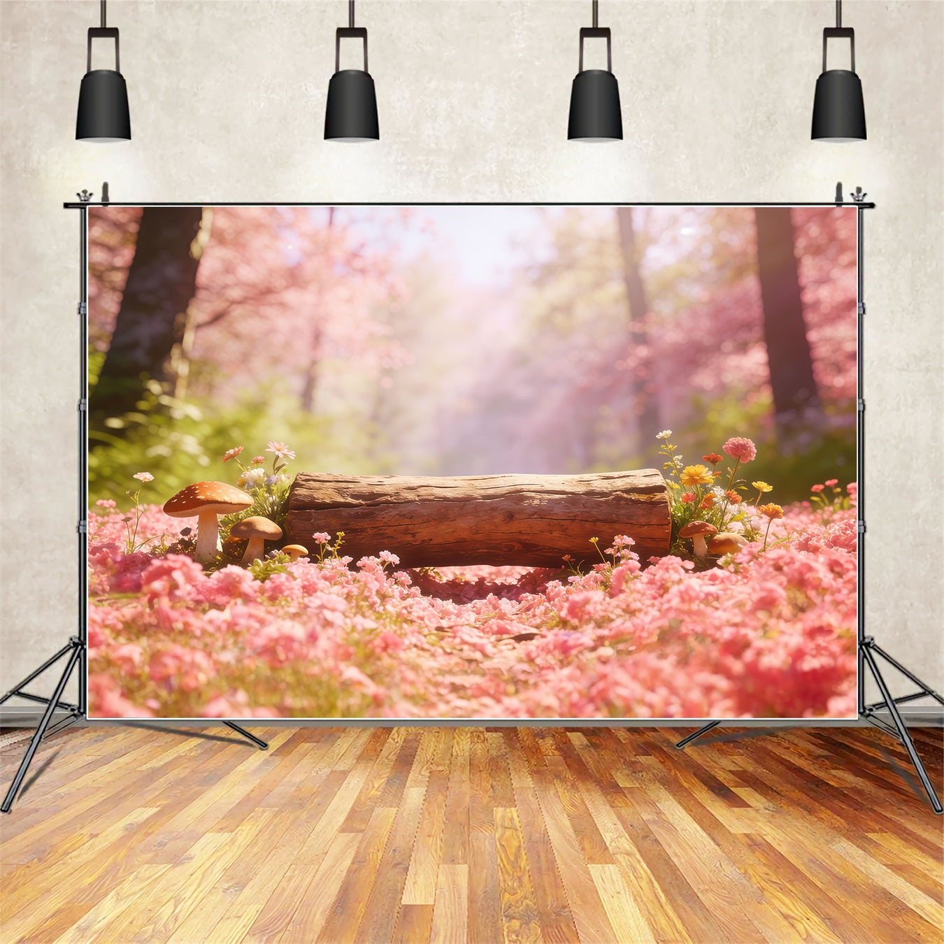 Toile de Fond Forêt Prairie Bûche Pétales Roses CSH61-224