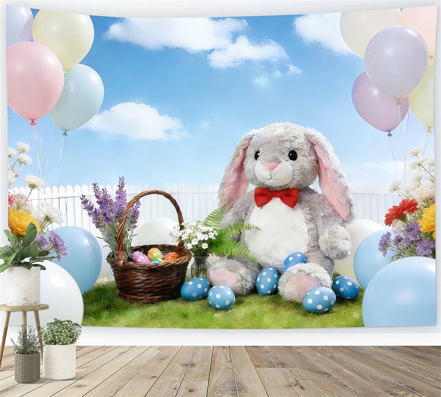 Toile de fond Pâques Jardin Fleurs Printanières Ballons Pastel CSH61-26