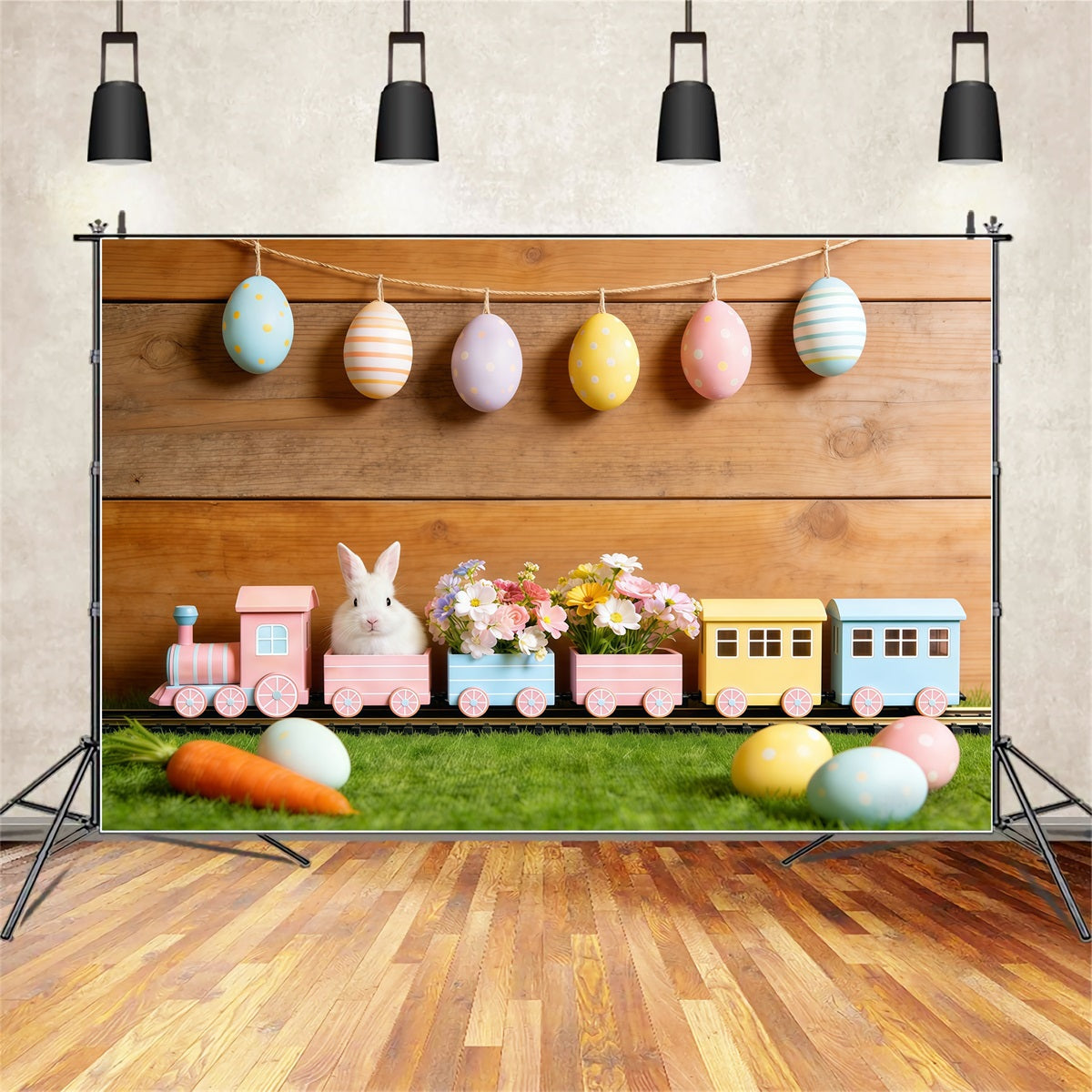 Toile de fond Pâques Guirlande Œufs Pastel Mur Bois CSH61-30