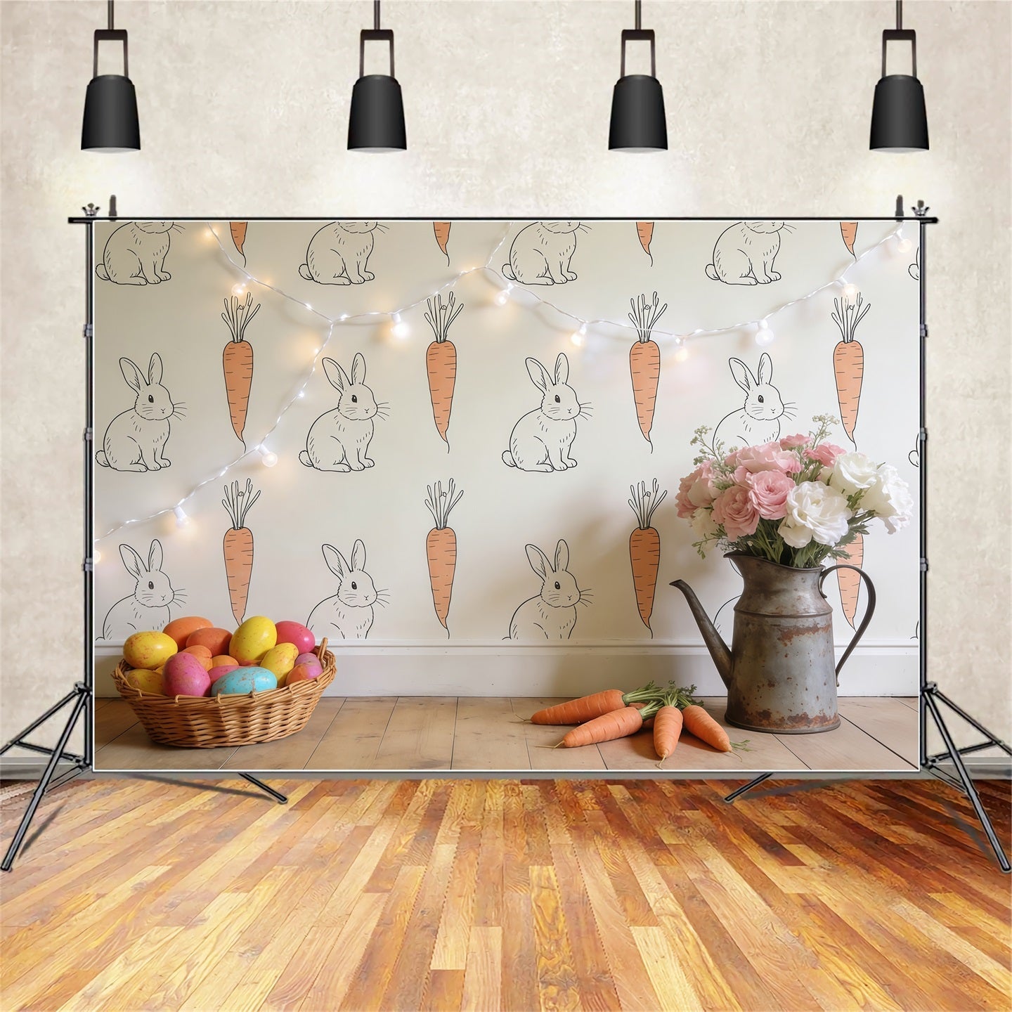 Toile de fond Pâques Papier Peint Lapin Rustique Carottes CSH61-34