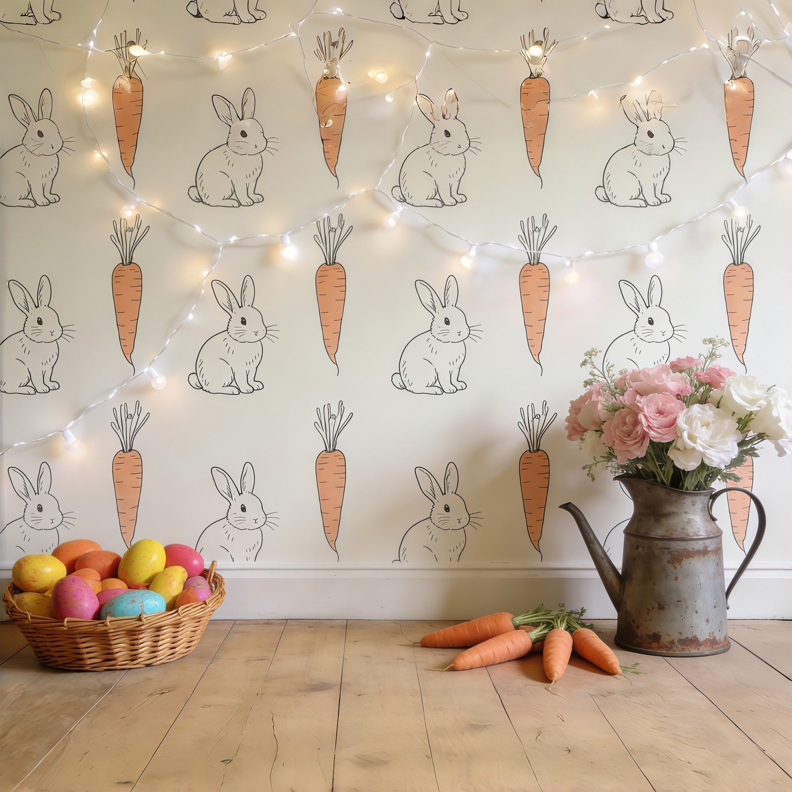 Toile de fond Pâques Papier Peint Lapin Rustique Carottes CSH61-34