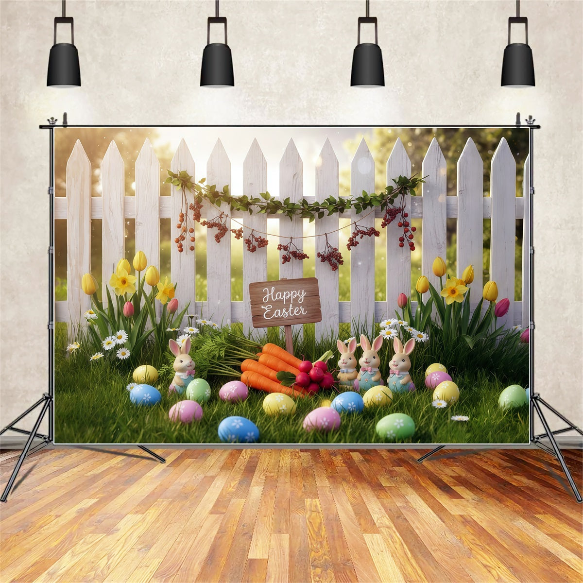 Toile de fond de Pâques Clôture Jardin Printanier Carottes CSH61-35