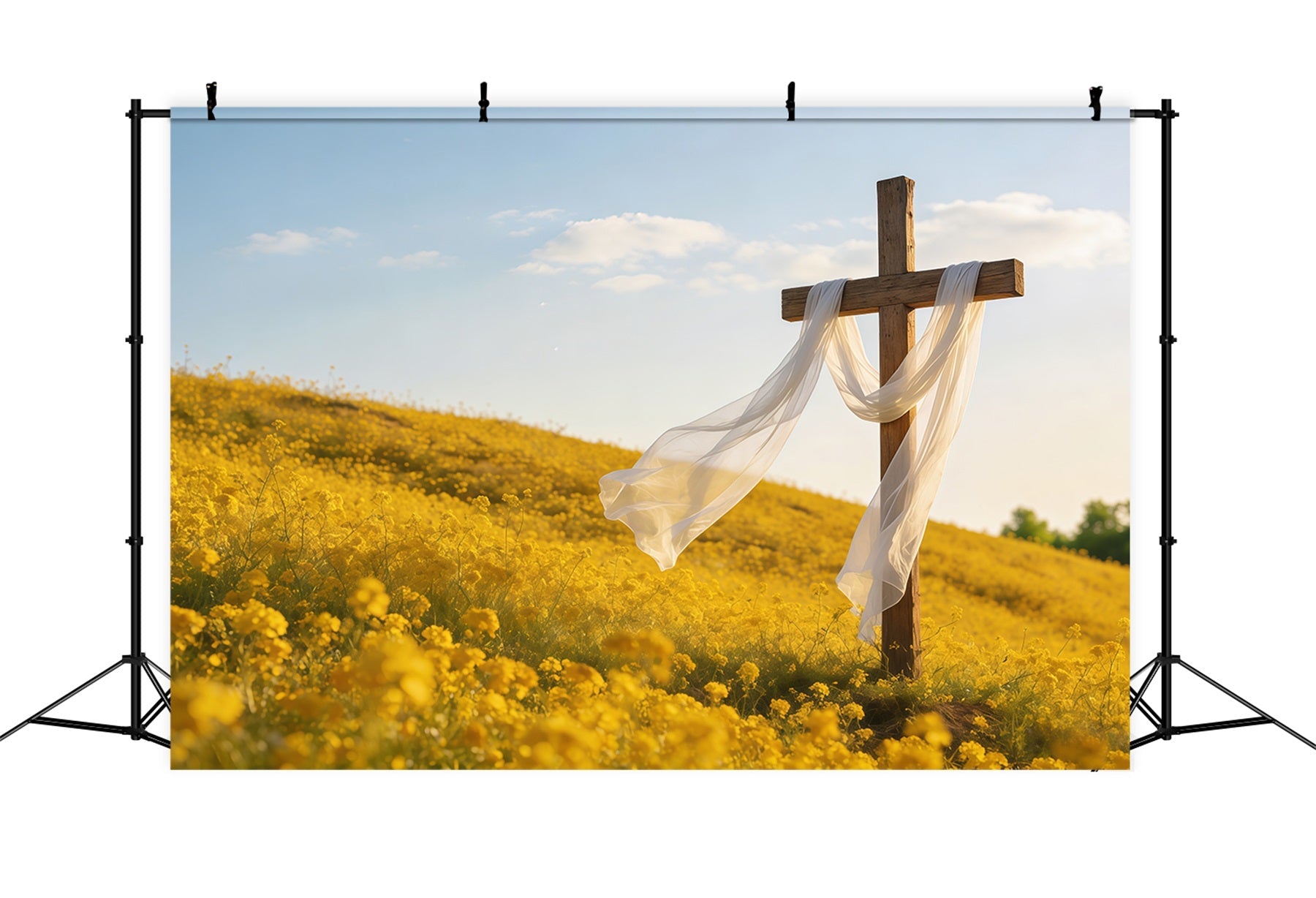 Toile de fond Pâques Croix Prairie Dorée Lever Du Soleil CSH61-38