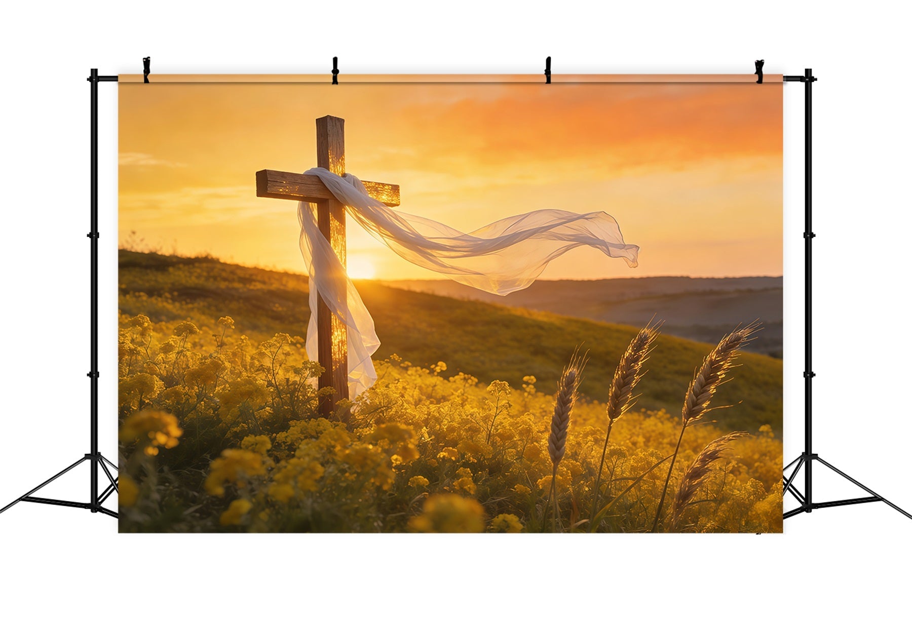 Toile de fond de Pâques Croix Champ Coucher De Soleil Lumière CSH61-39