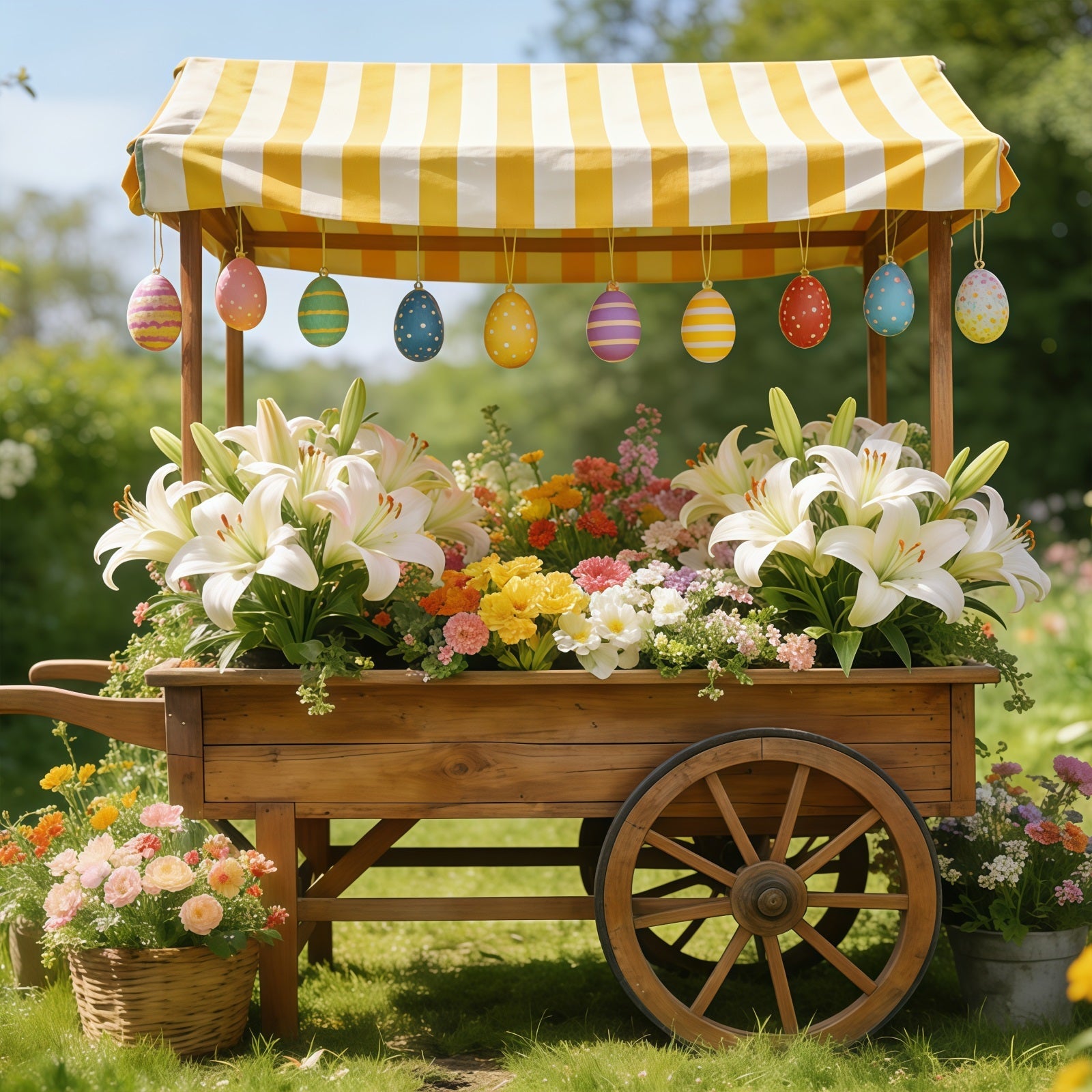 Toile de fond de Pâques Chariot Marché Rayé Fleurs CSH61-43