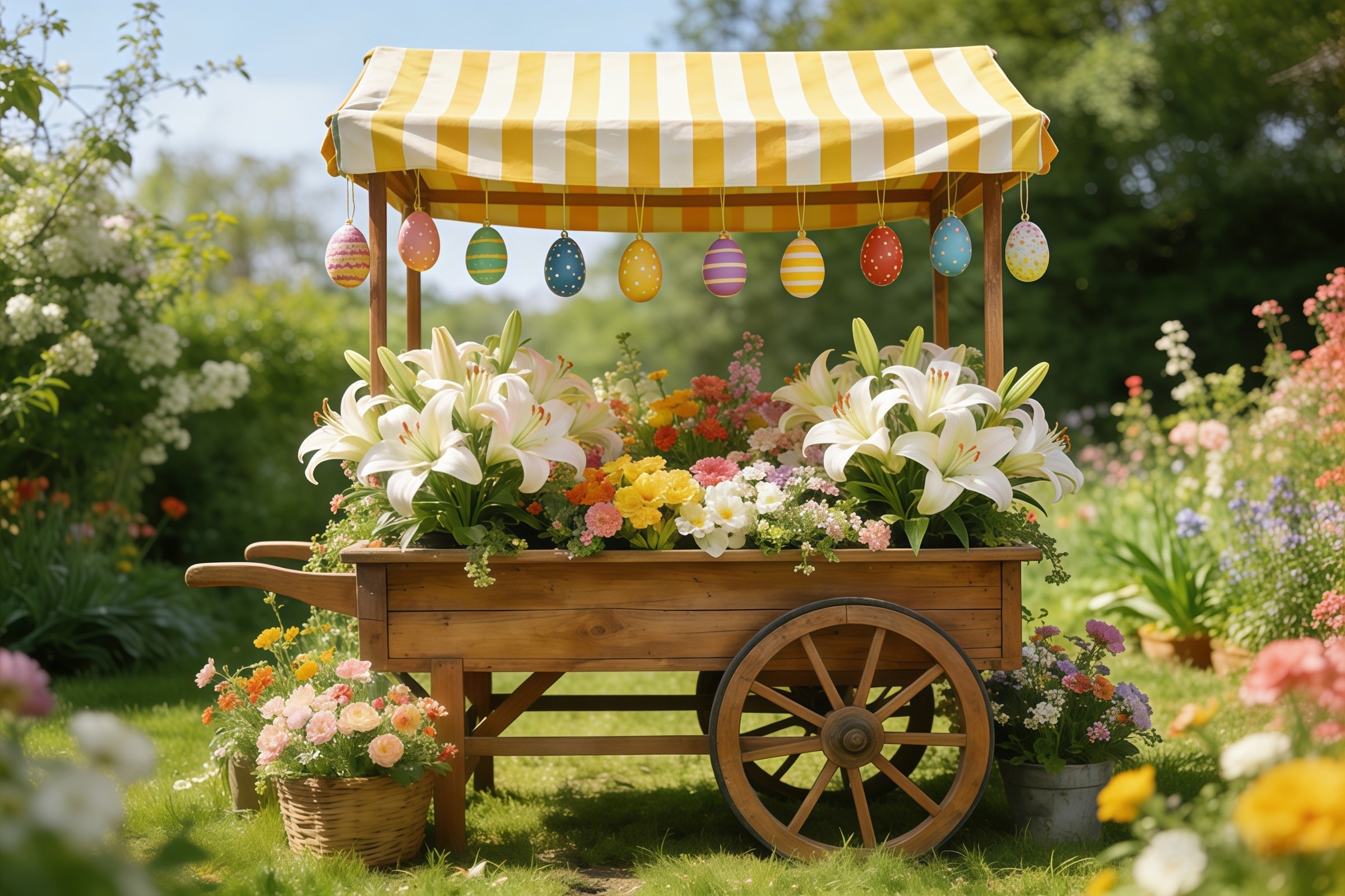 Toile de fond de Pâques Chariot Marché Rayé Fleurs CSH61-43