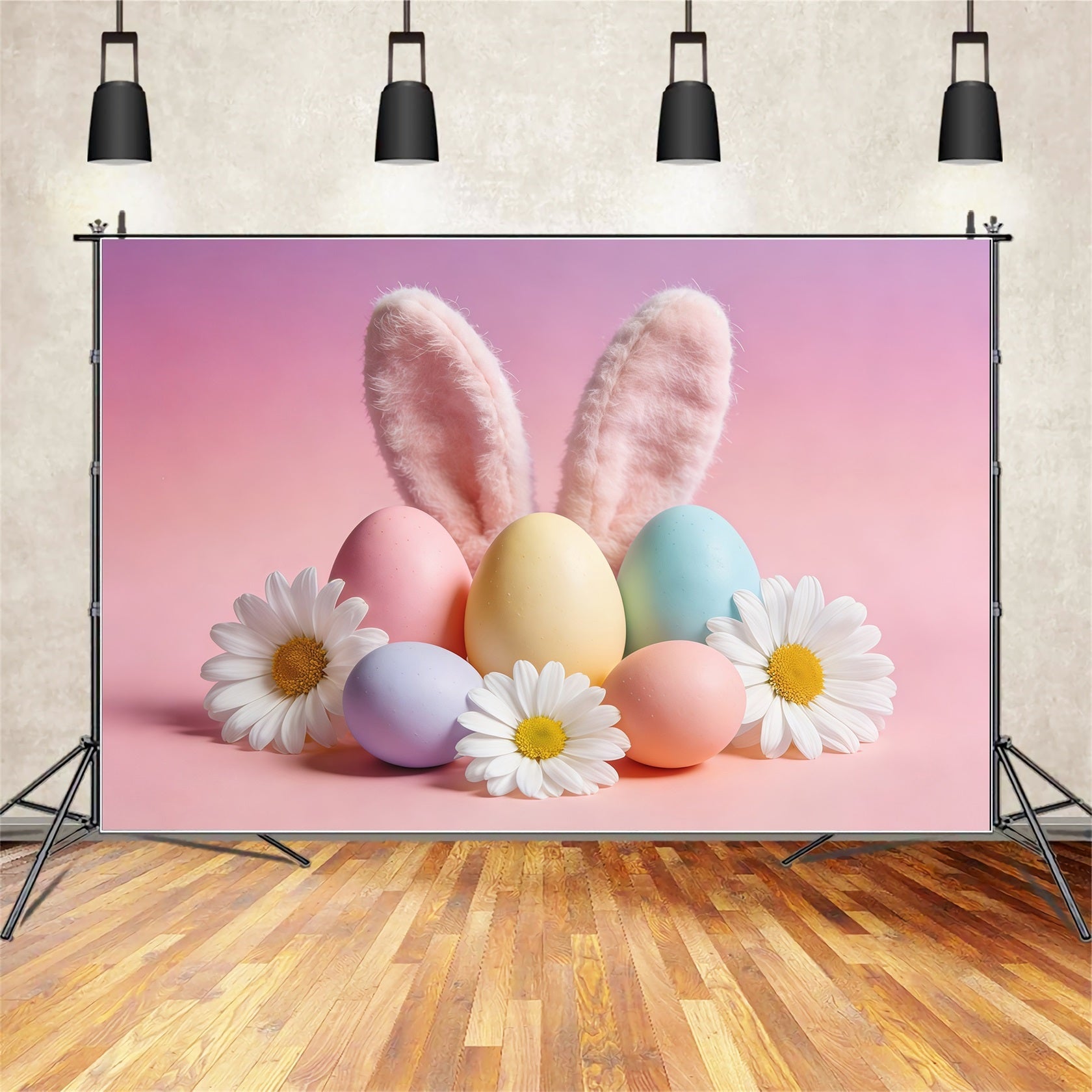 Fond Photo Pâques Œufs Pastel Oreilles Marguerites CSH61-49