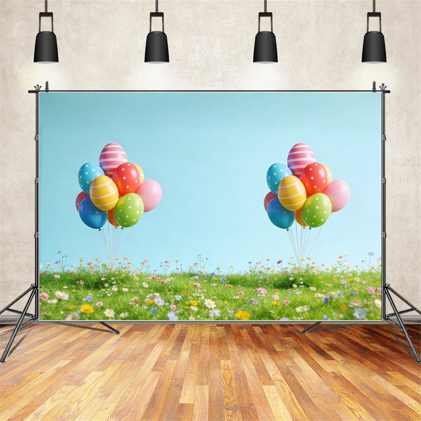 Fond de Pâques Prairie Ballons Printaniers Fleurs Sauvages CSH61-52
