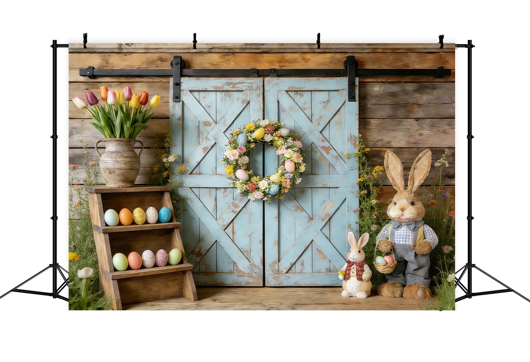 Fond Photo Pâques Porte Grange Bleue Rustique Couronne CSH61-61
