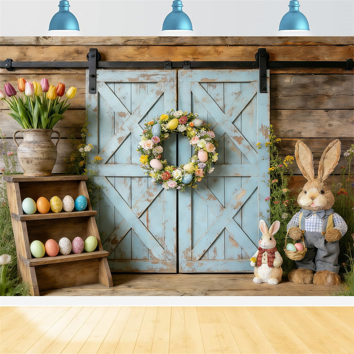 Fond Photo Pâques Porte Grange Bleue Rustique Couronne CSH61-61