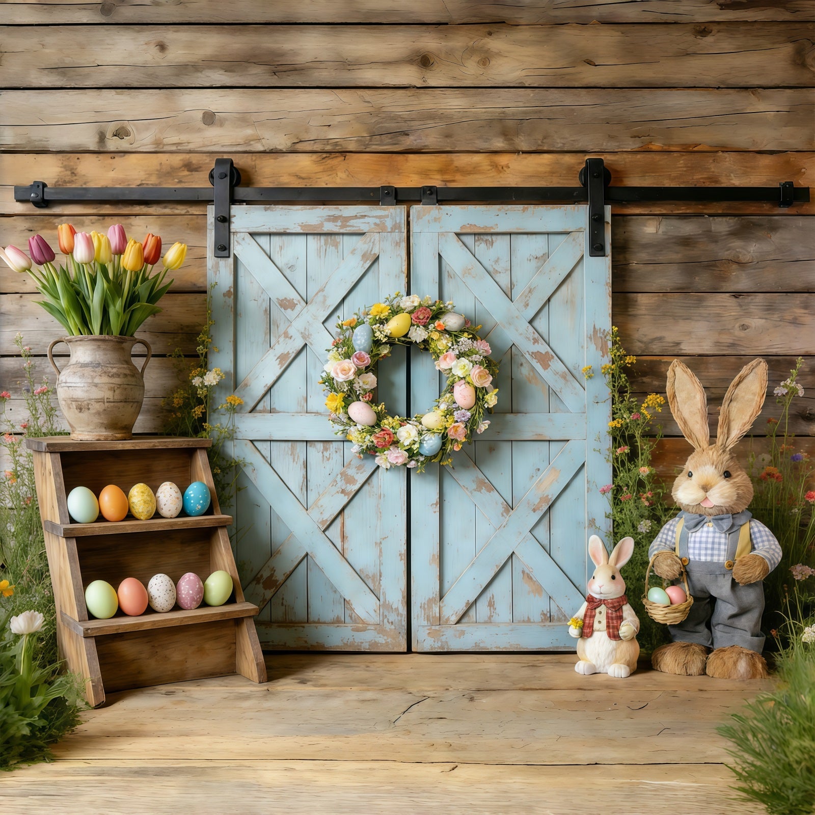 Fond Photo Pâques Porte Grange Bleue Rustique Couronne CSH61-61