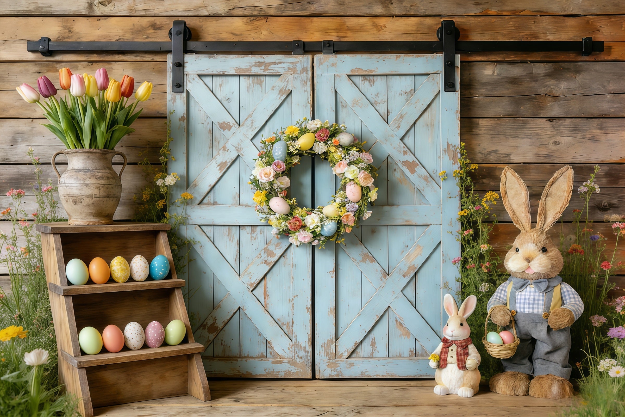 Fond Photo Pâques Porte Grange Bleue Rustique Couronne CSH61-61