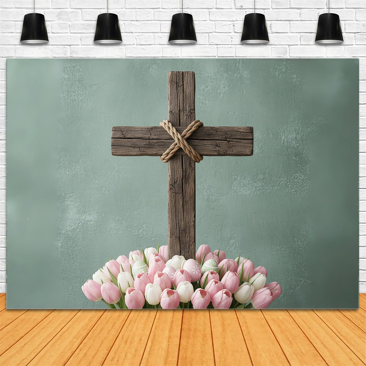 Toile de fond de Pâques Croix Bois Rustique Floraison Tulipees CSH61-7