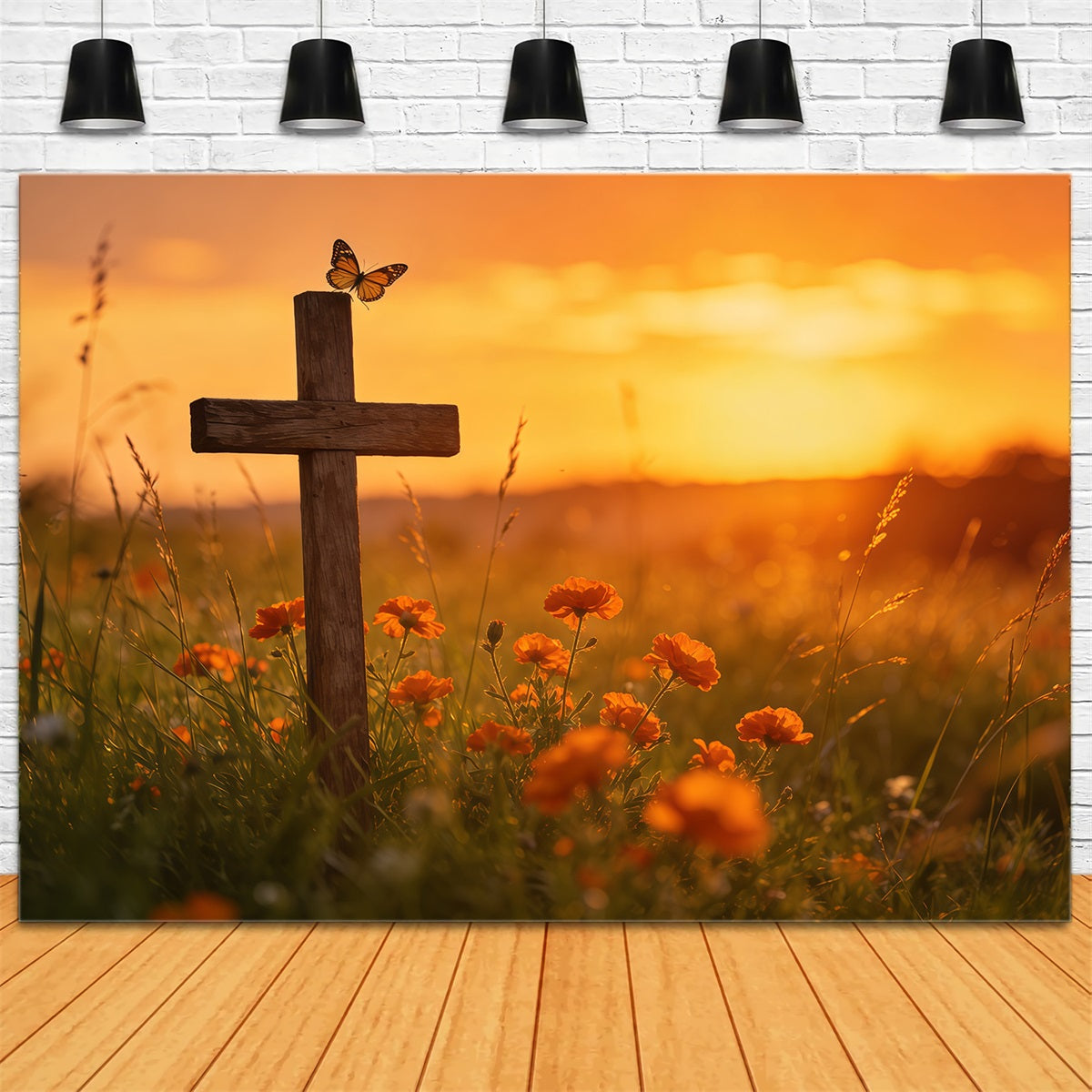 Toile de fond de Pâques Croix Champ Fleurs Sauvages Coucher De Soleil CSH61-71