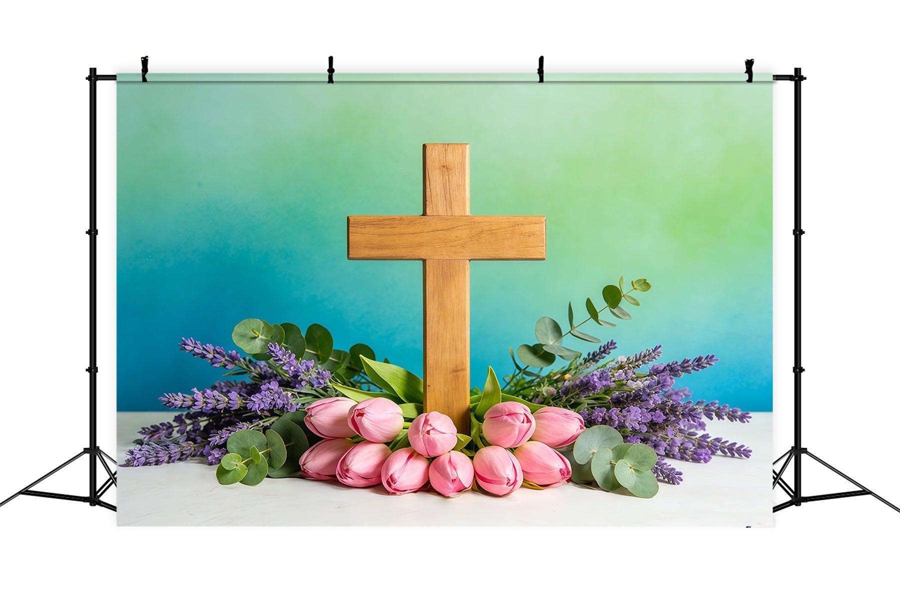 Fond de Pâques Croix Fleurs Printanières Mur Vert Sarcelle CSH61-8