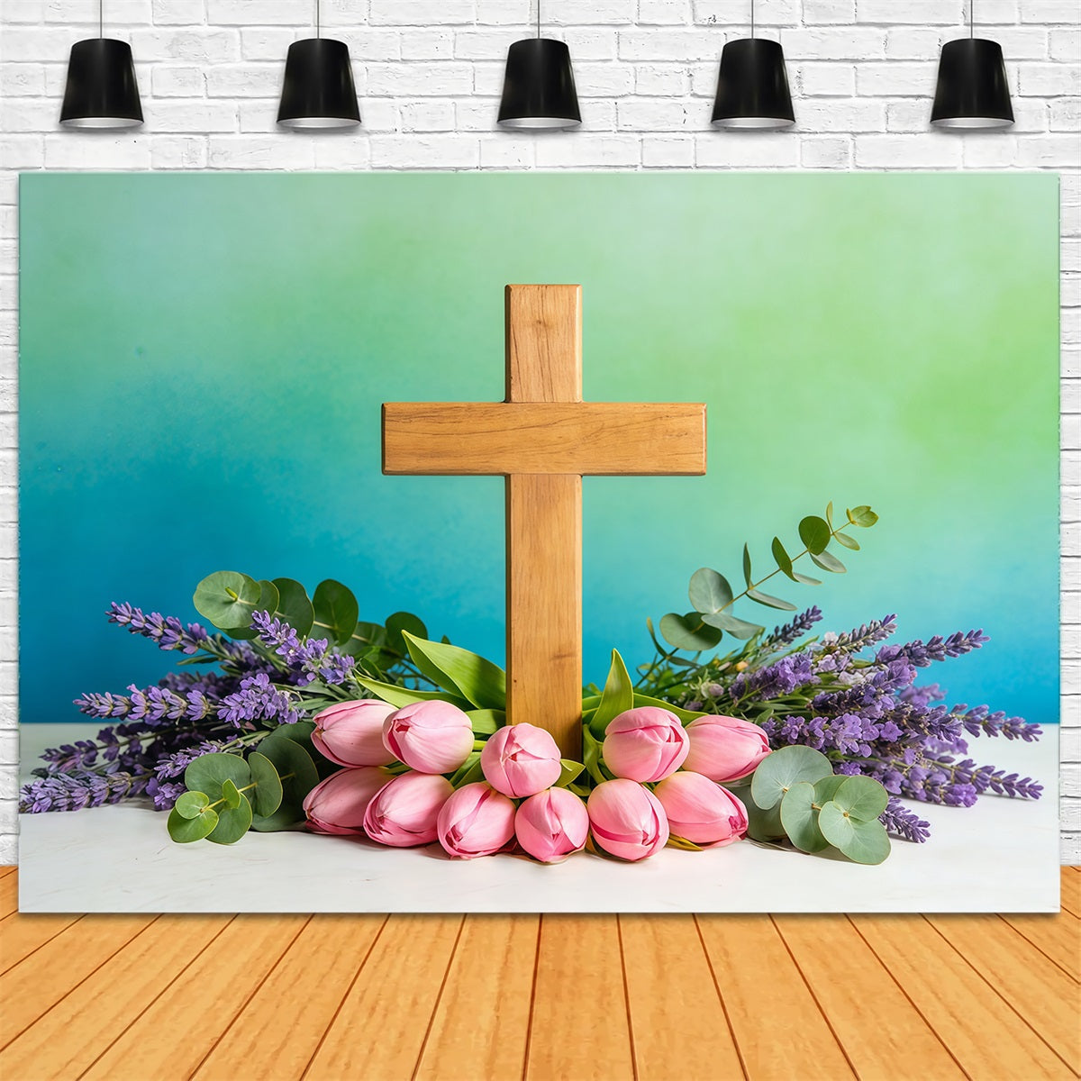 Fond de Pâques Croix Fleurs Printanières Mur Vert Sarcelle CSH61-8