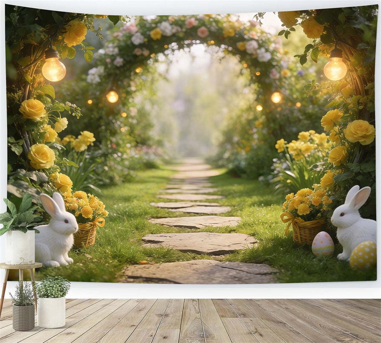 Fond de Pâques Arche Jardin Lapins Œufs Lumières CSH61-84