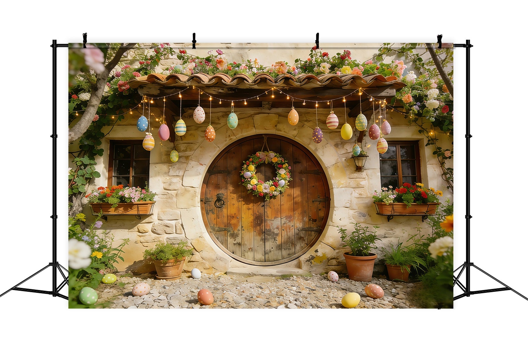 Fond de Pâques Maison Pierre Œufs Couronne Fleurs CSH61-88