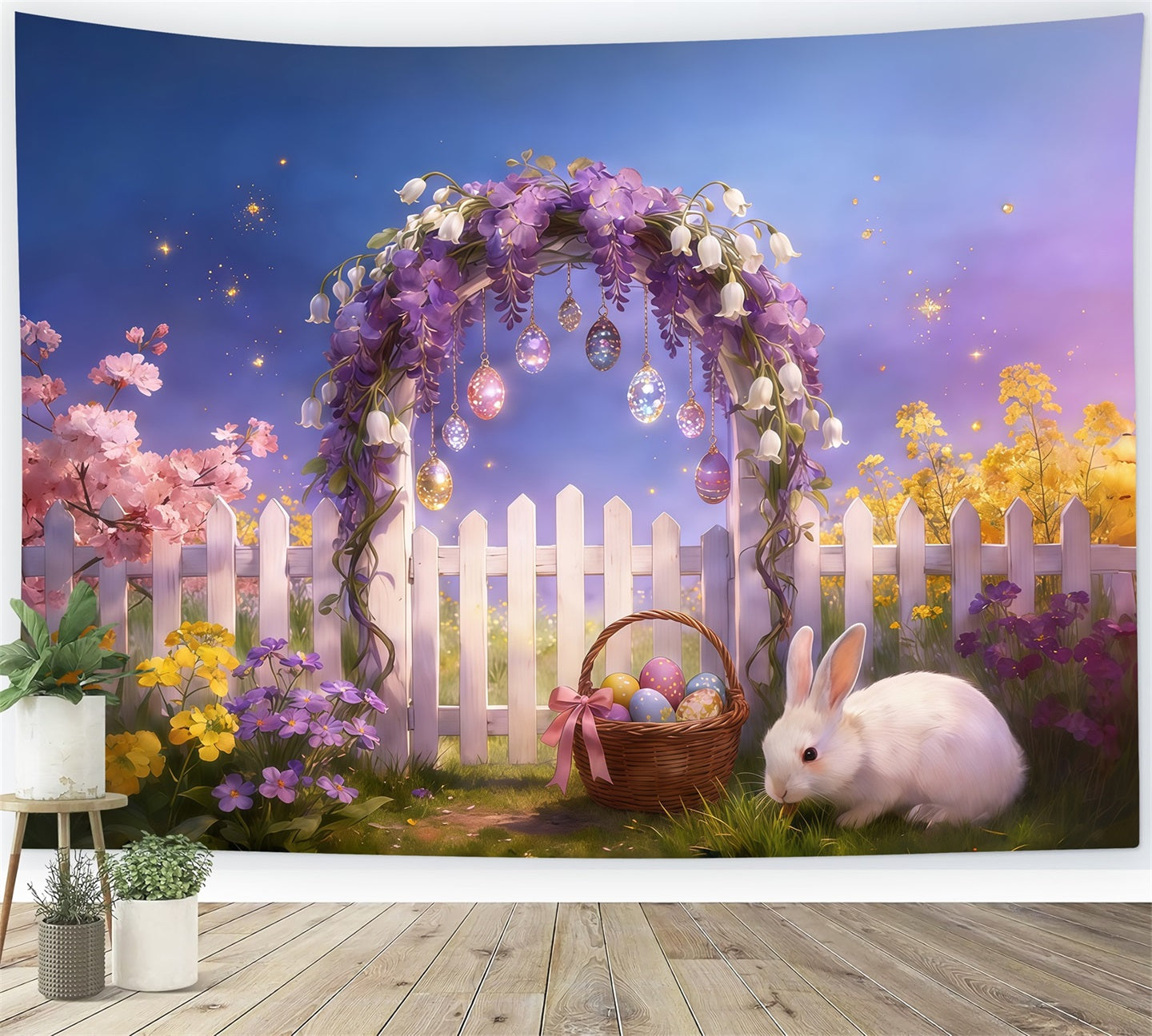 Fond de Pâques Arche Fleurs Clôture Œufs Suspendus Lapin CSH61-92