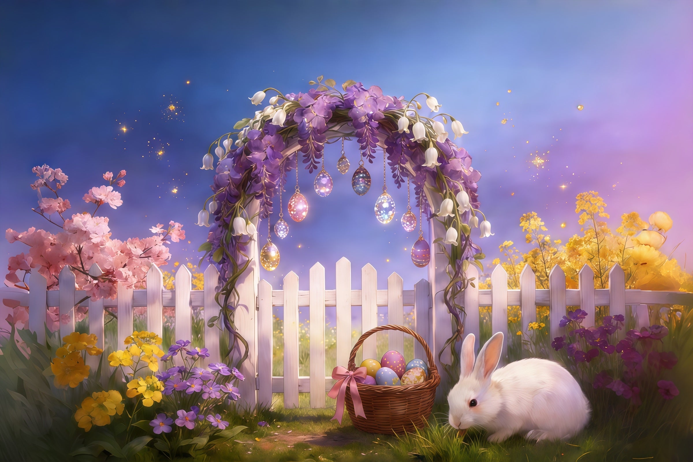 Fond de Pâques Arche Fleurs Clôture Œufs Suspendus Lapin CSH61-92