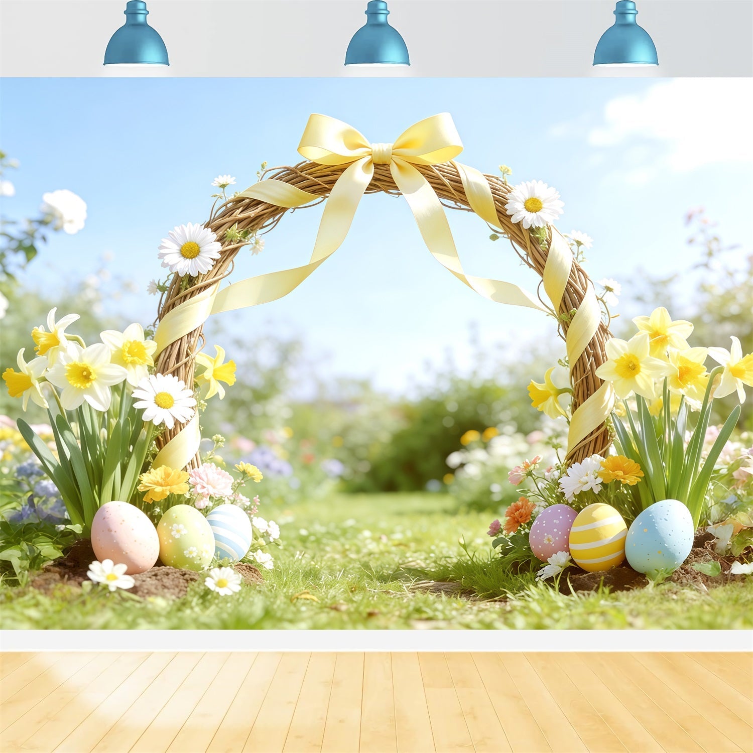 Fond Photo Pâques Arche Jonquilles Nœud Jaune CSH62-101