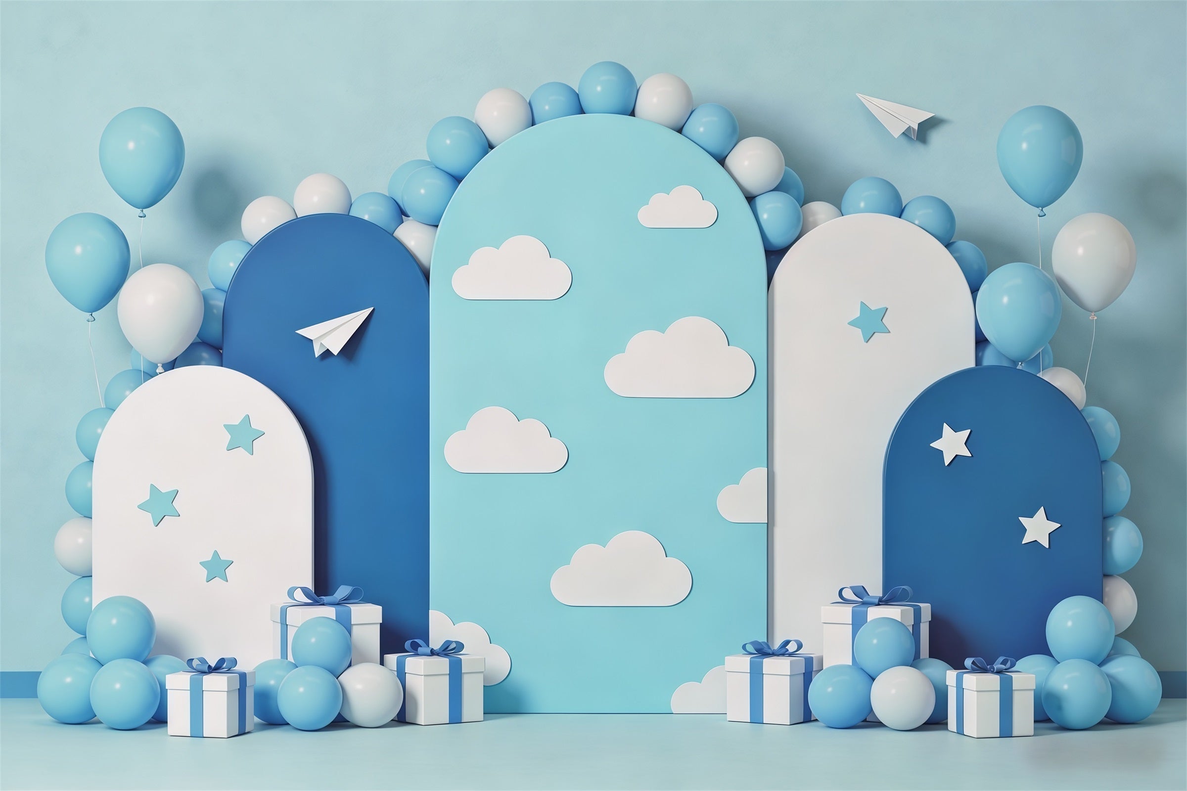Fond Photo Nuages Arche Ballons Bleus Avions Papier CSH62-119