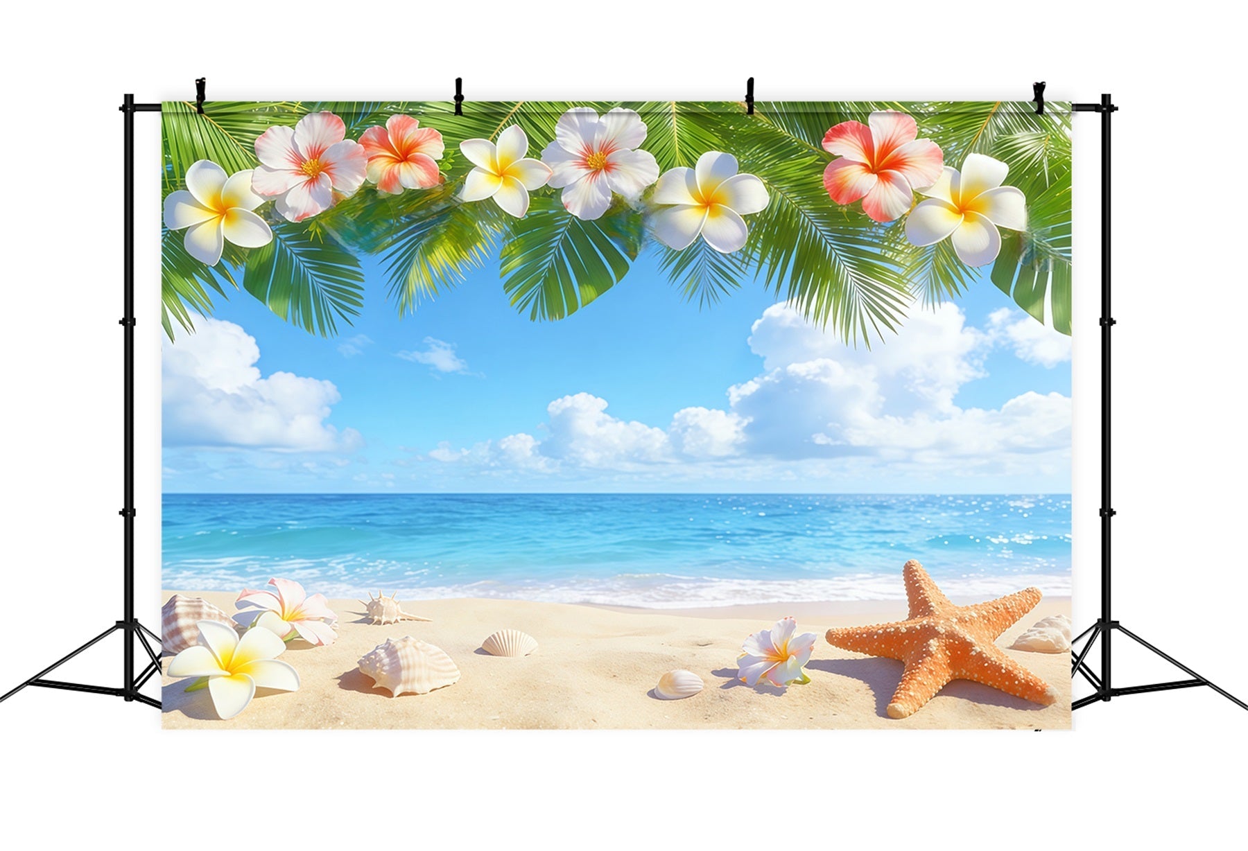 Toile de fond Photo Ciel Plage Tropicale Plumeria Coquillages CSH62-127