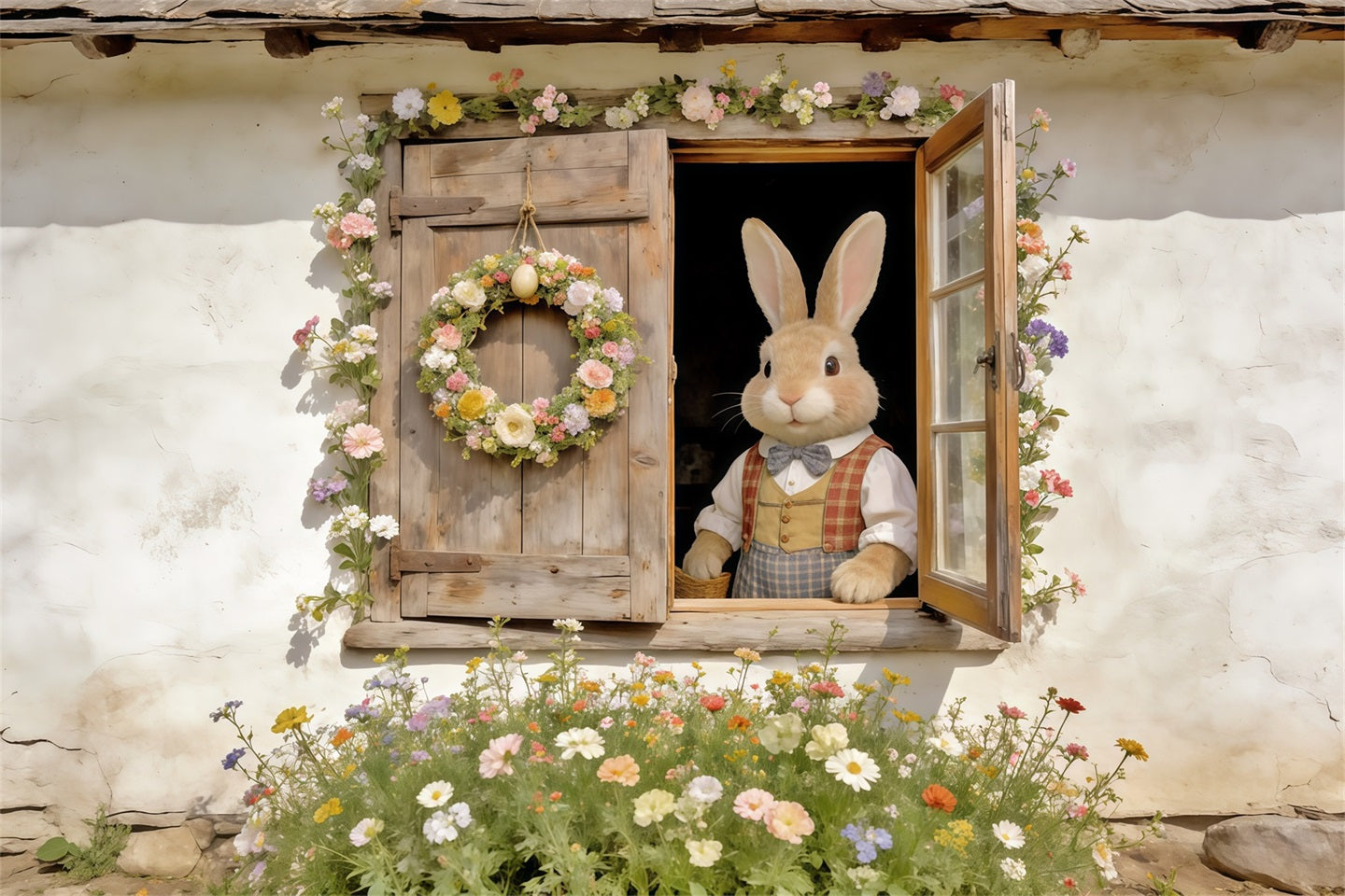 Toile de fond Photo Pâques Fenêtre Lapin Couronne Florale CSH62-74