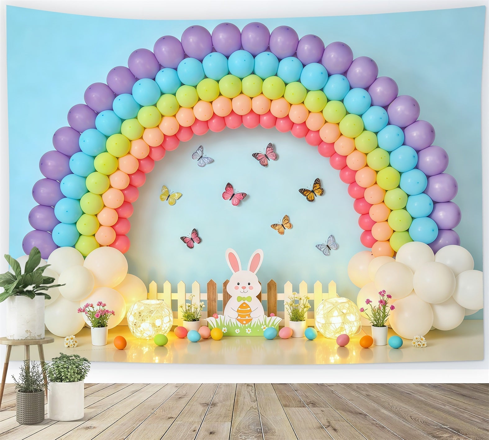 Toile de fond Pâques Arche Ballons Arc-En-Ciel Clôture Lapin CSH62-80