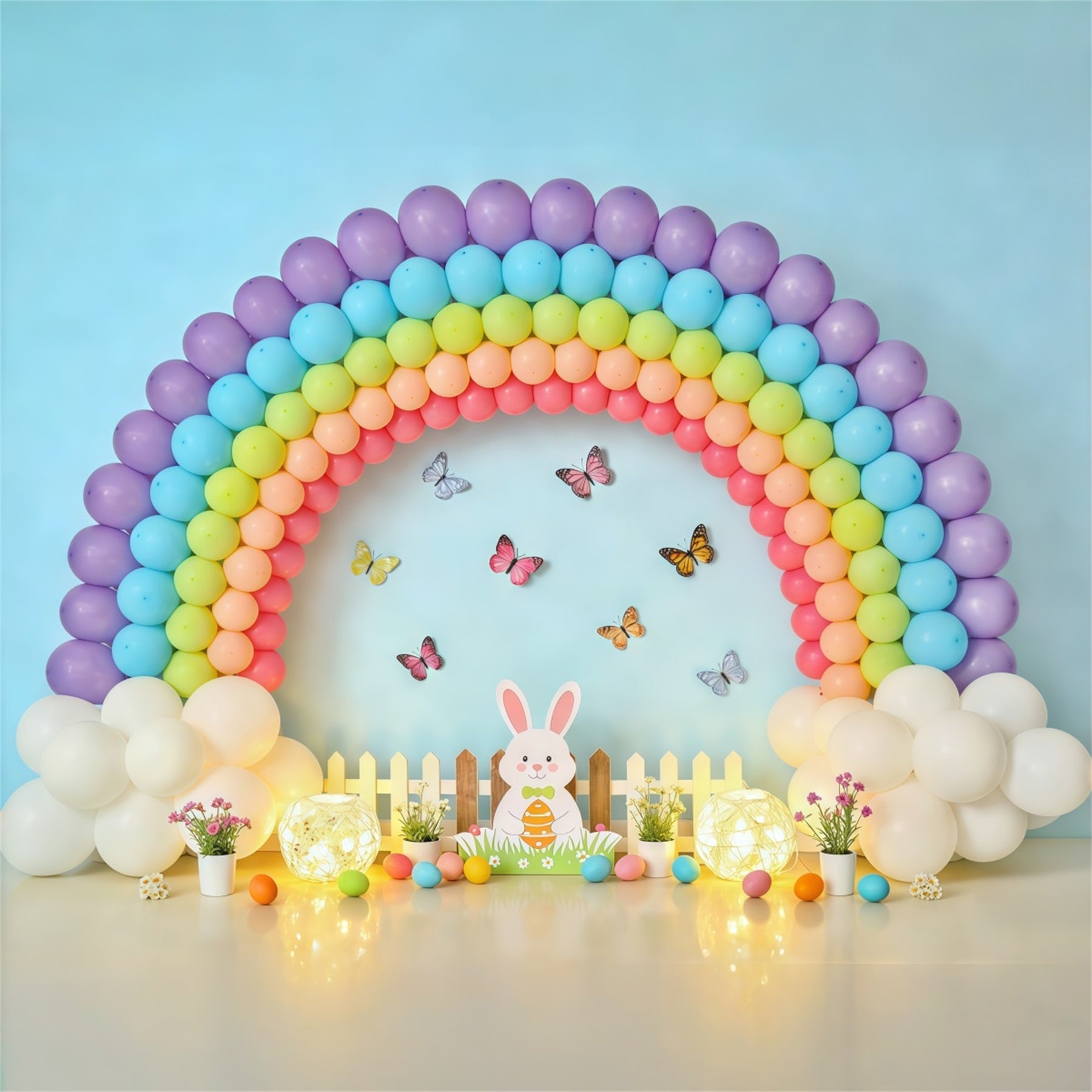 Toile de fond Pâques Arche Ballons Arc-En-Ciel Clôture Lapin CSH62-80