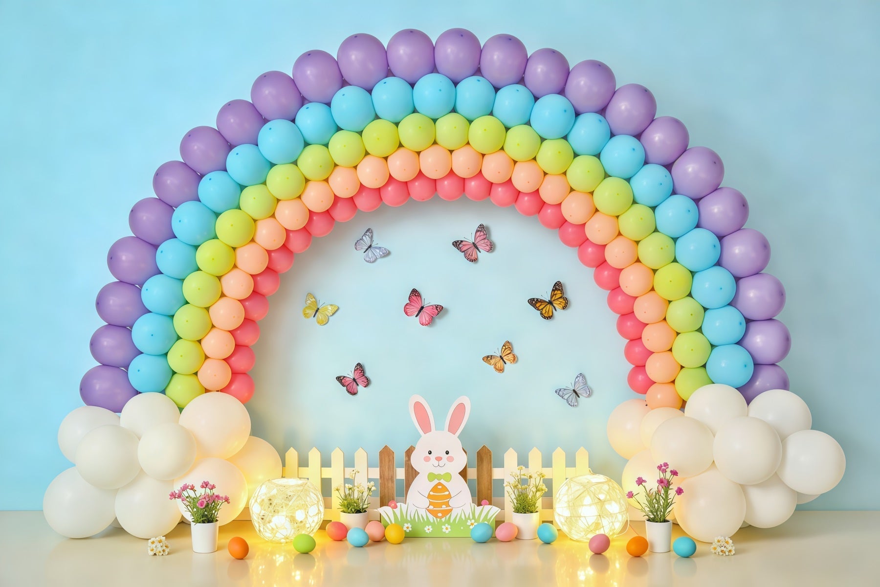 Toile de fond Pâques Arche Ballons Arc-En-Ciel Clôture Lapin CSH62-80