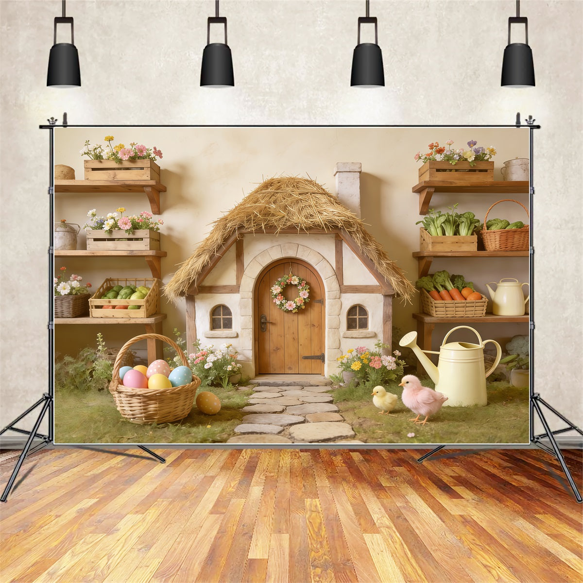 Fond Studio Pâques Cottage Toit De Chaume Panier Œufs CSH62-87