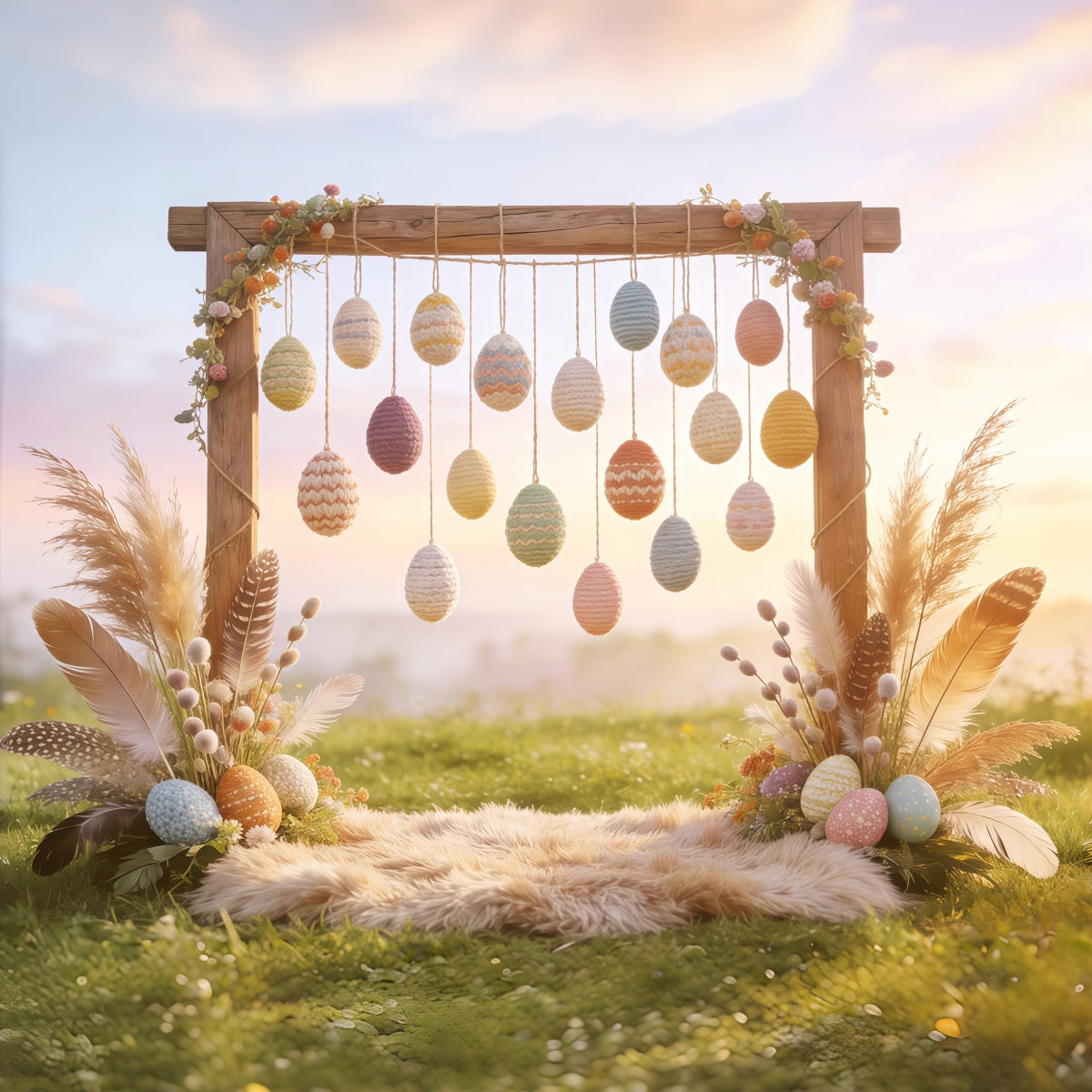 Fond Photo Pâques Œuf Crochet Plume Foin CSH62-93