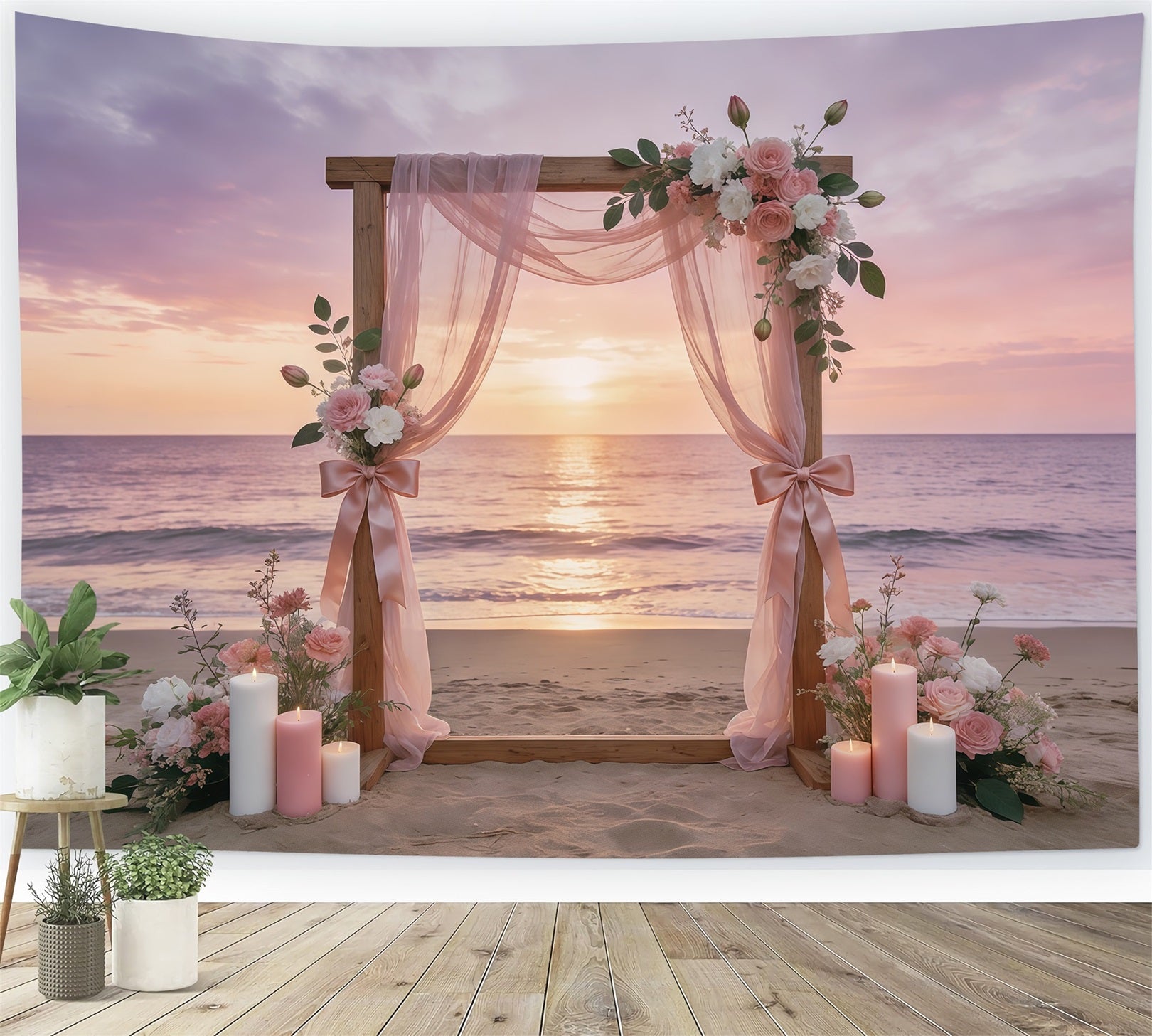 Fond Fête des Mères Nœud Ruban Arche Florale Coucher de Soleil Côtier CSH63-72