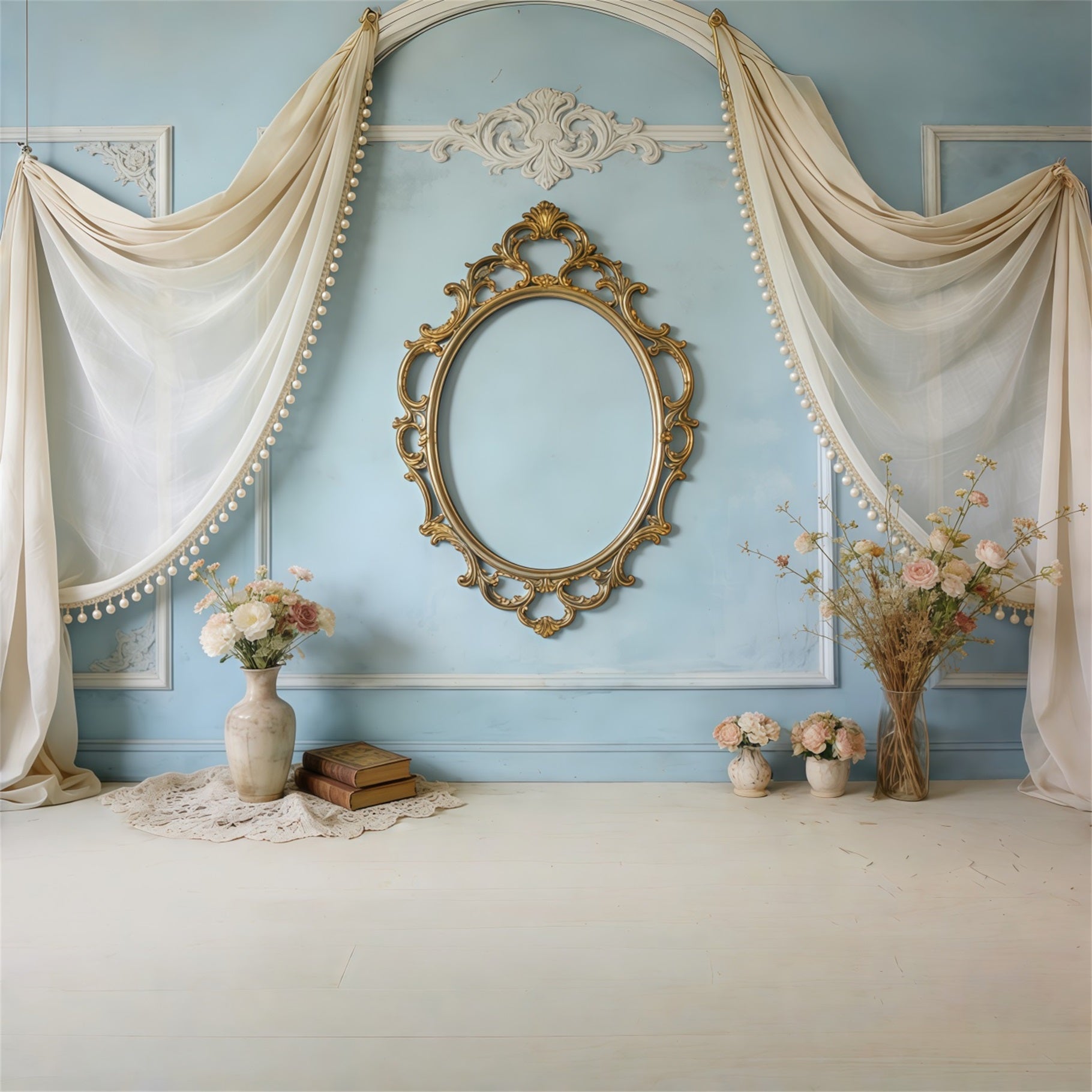 Fond Photo Fête des Mères Miroir Bleu Vintage Drapés Floraux CSH63-80