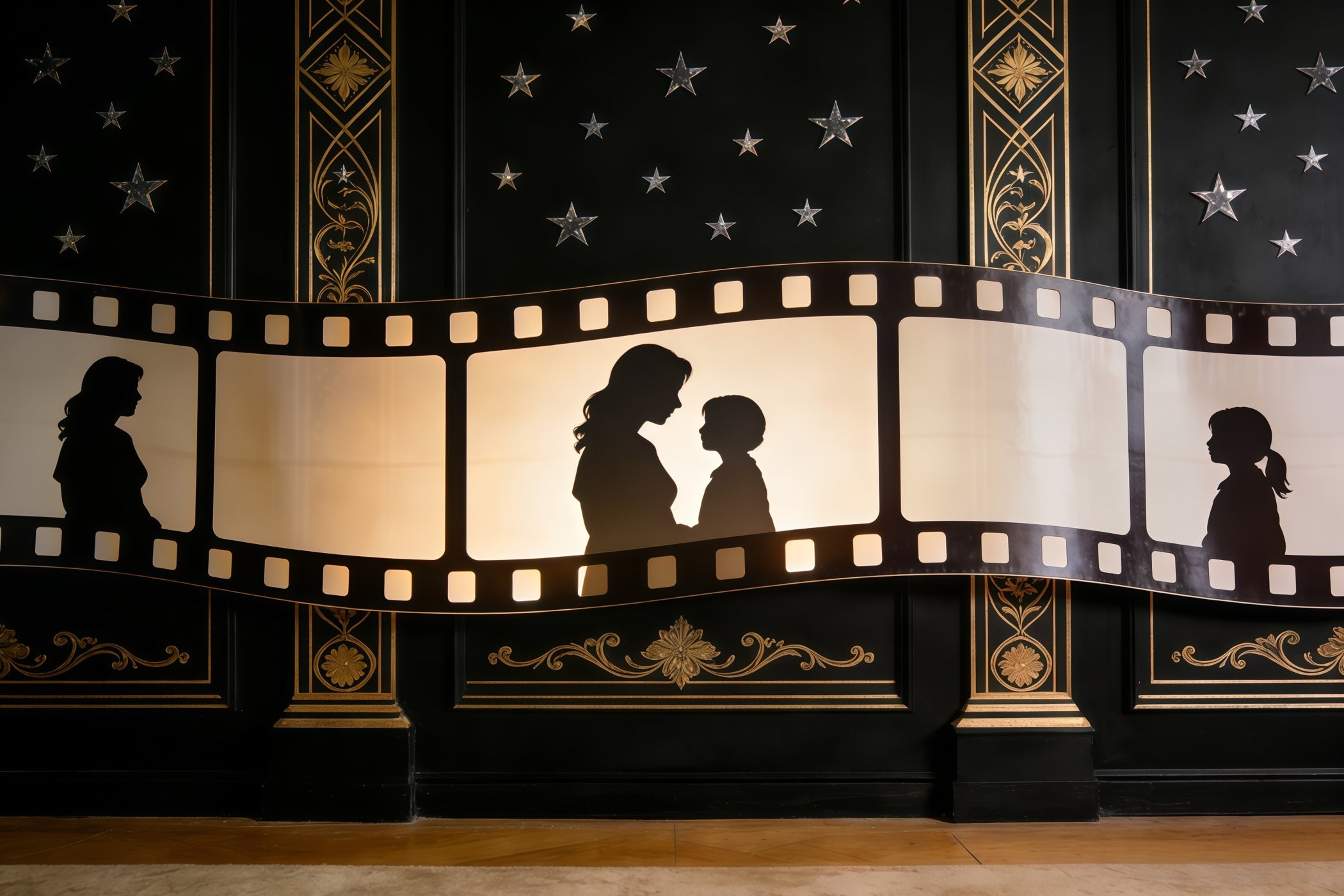 Fond Fête des Mères Silhouette Mère Fille Pellicule Dorée Art Déco CSH63-81
