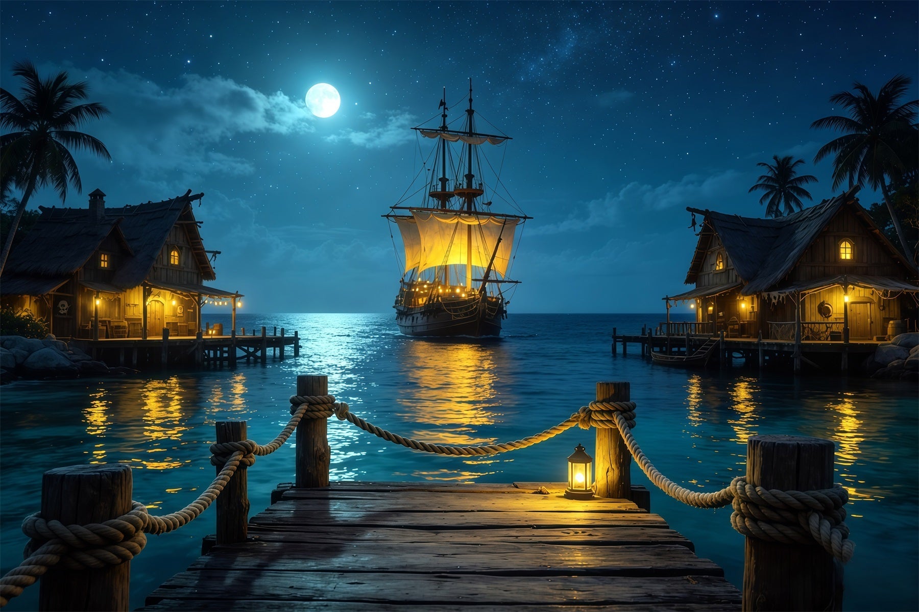 Fond Caraïbes Port Pirate au Clair de Lune Voilier Été CSH64-78