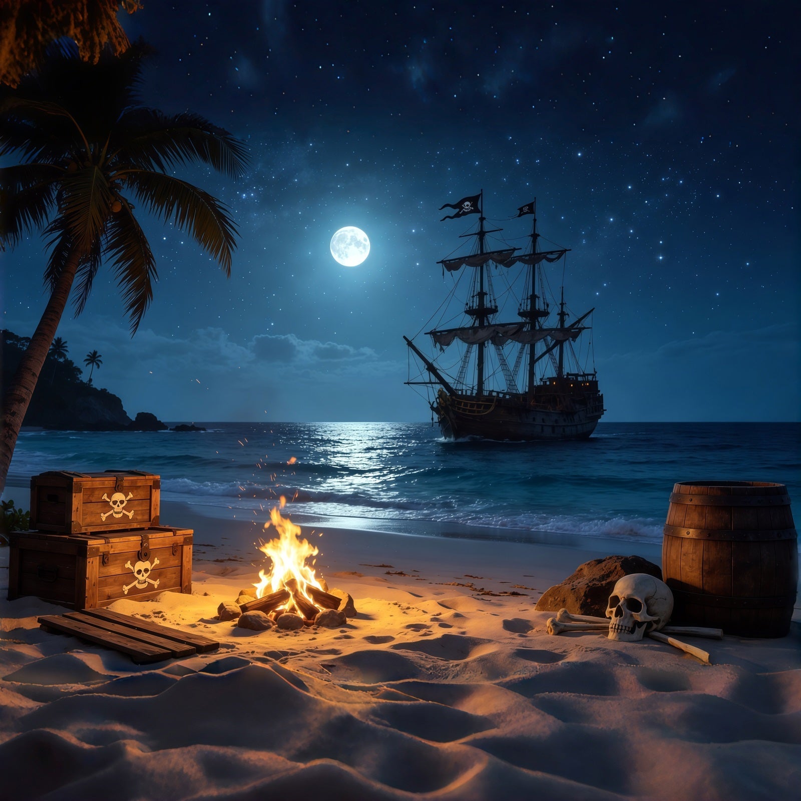 Fond Caraïbes Plage Pirate Tropicale Feu de Camp Trésor Été CSH64-79
