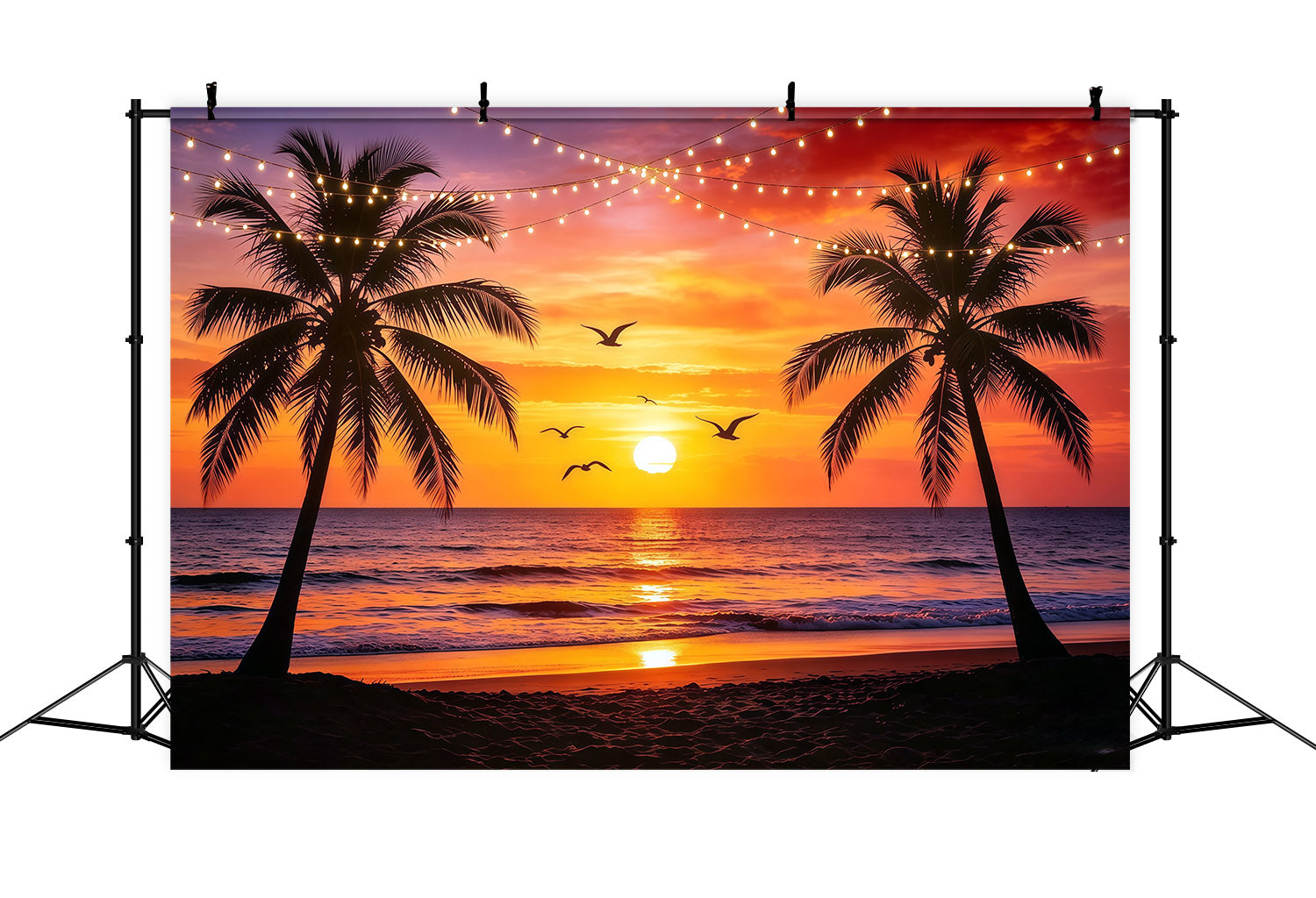 Fond Plage Coucher de Soleil Palmiers Guirlandes Lumineuses Mer CSH64-87