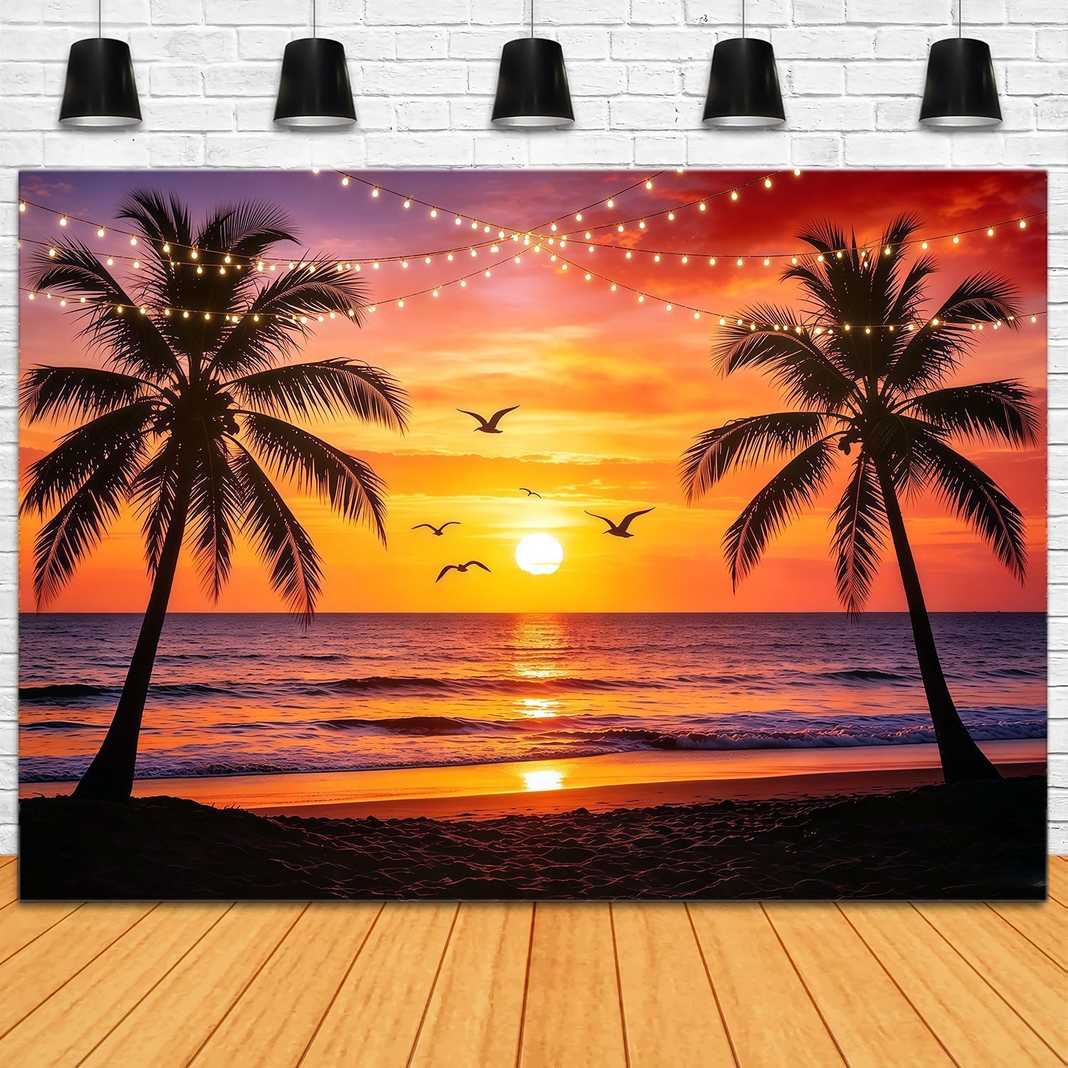 Fond Plage Coucher de Soleil Palmiers Guirlandes Lumineuses Mer CSH64-87