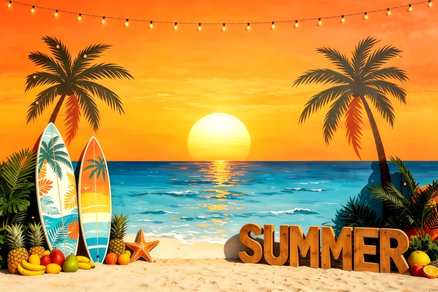 Fond Plage Coucher de Soleil Planche de Surf Fruits Tropicaux Été CSH64-90