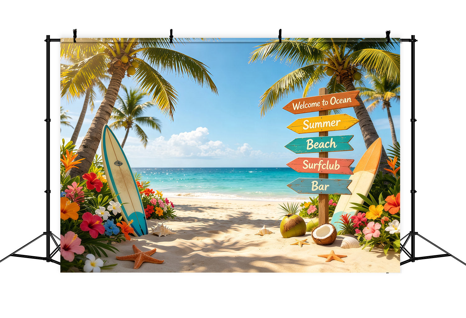 Fond Plage Panneau Tropical Planche de Surf et Fleurs Été CSH64-91