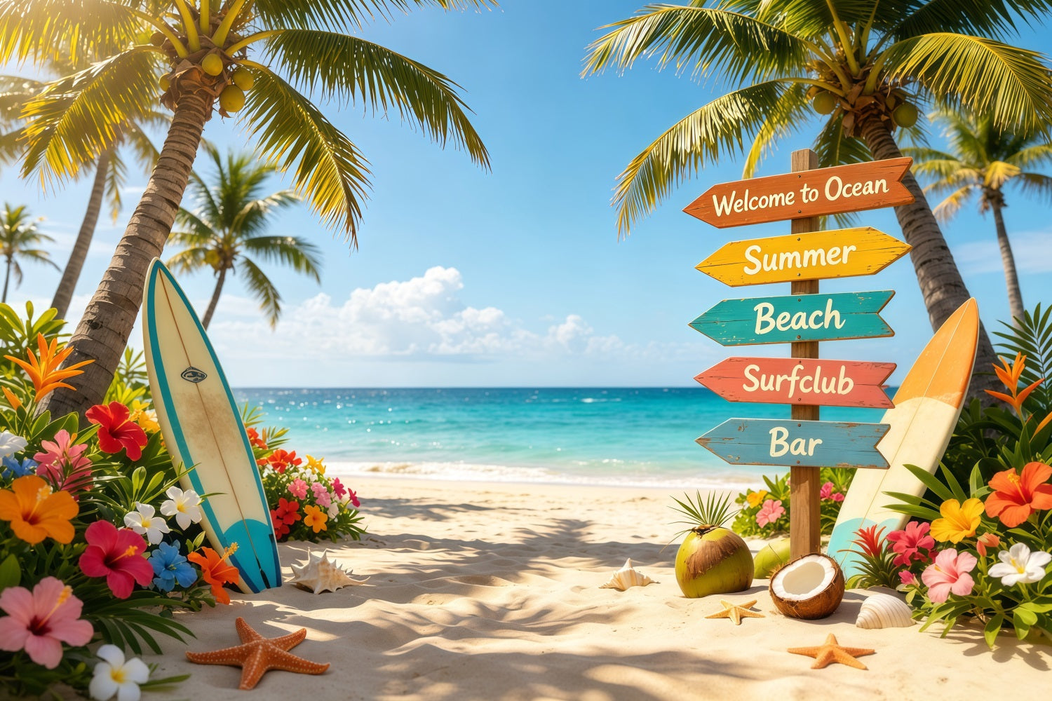 Fond Plage Panneau Tropical Planche de Surf et Fleurs Été CSH64-91