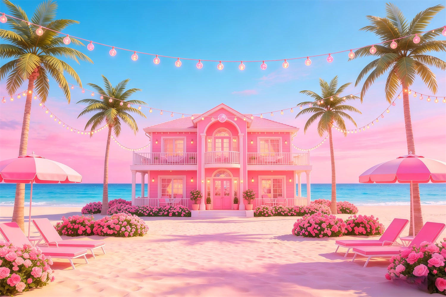Fond Plage Villa Côtière Rose Guirlandes Lumineuses CSH64-92