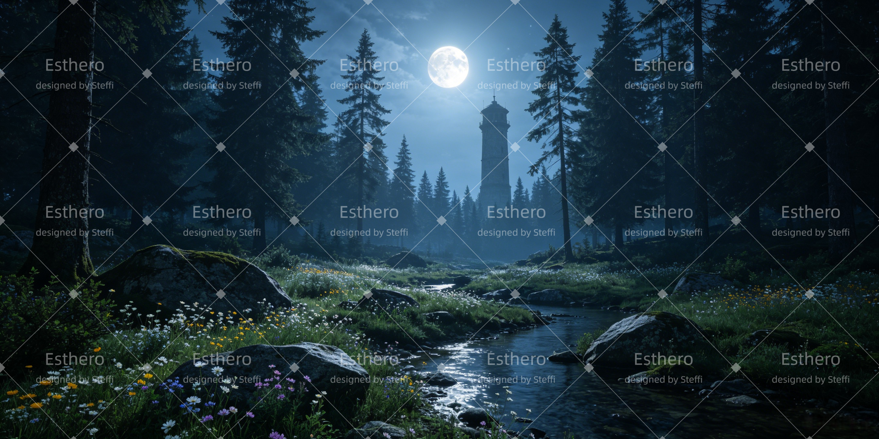 Décor Paysager Tour en Forêt au Clair de Lune CSH66-T47