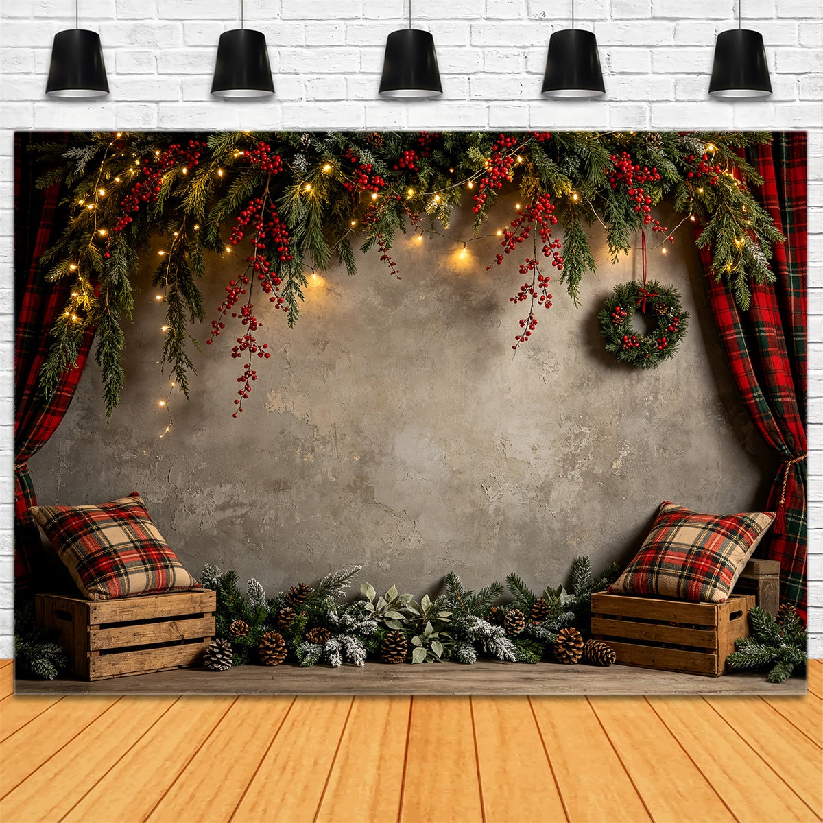 Décor Mural De Noël Mur De Guirlande À Carreaux Rustiques Fond Photo De Noël CSH68-60