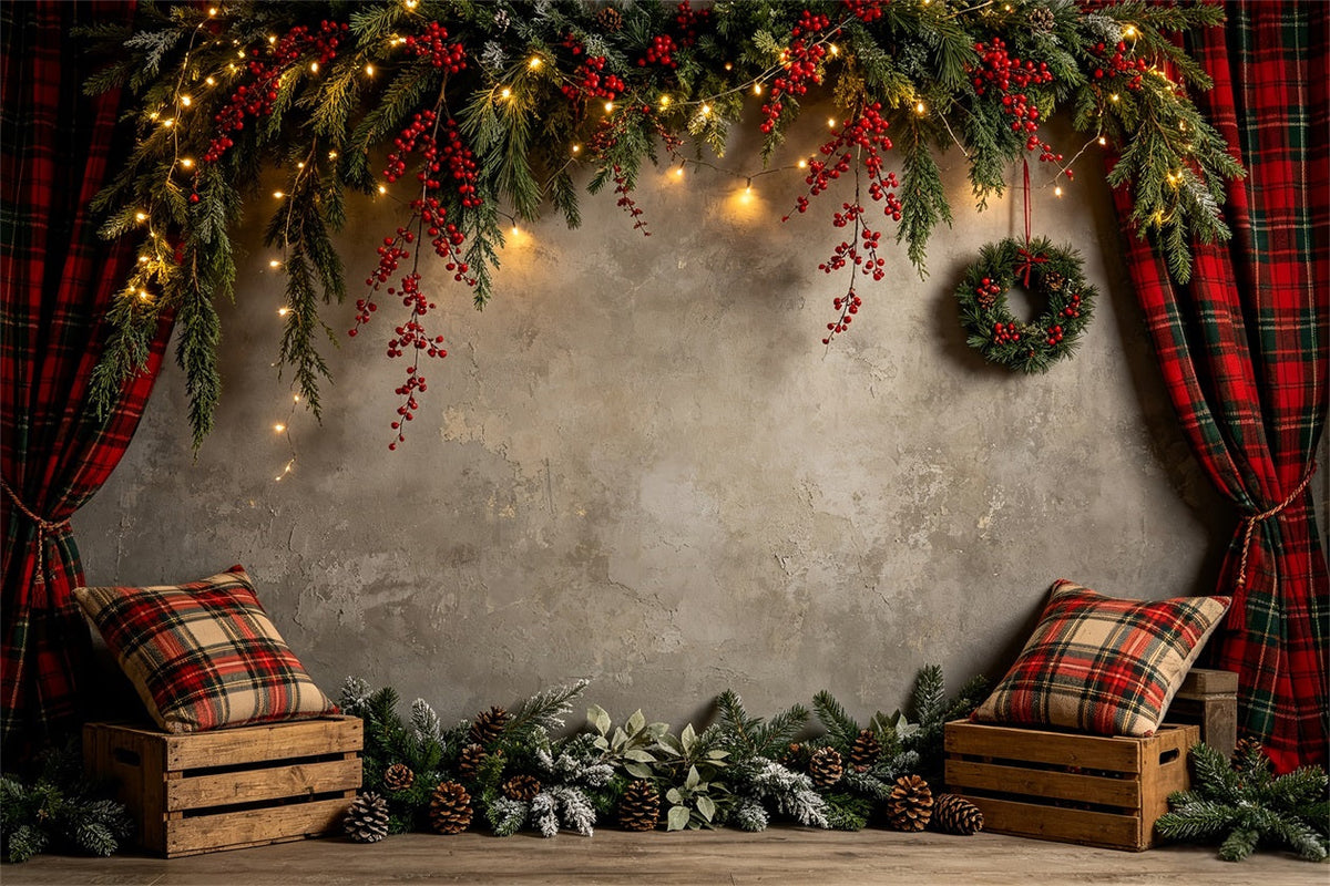 Décor Mural De Noël Mur De Guirlande À Carreaux Rustiques Fond Photo De Noël CSH68-60