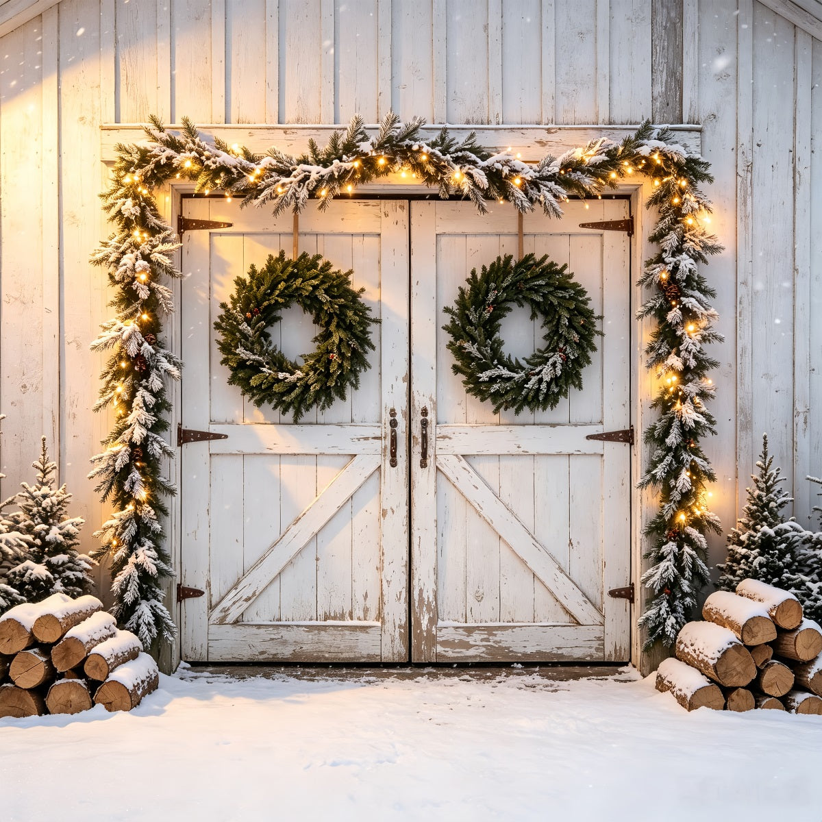 Décor De Noël De Porte De Grange Guirlande De Porte De Grange Enneigée Fond Mural De Noël CSH68-79